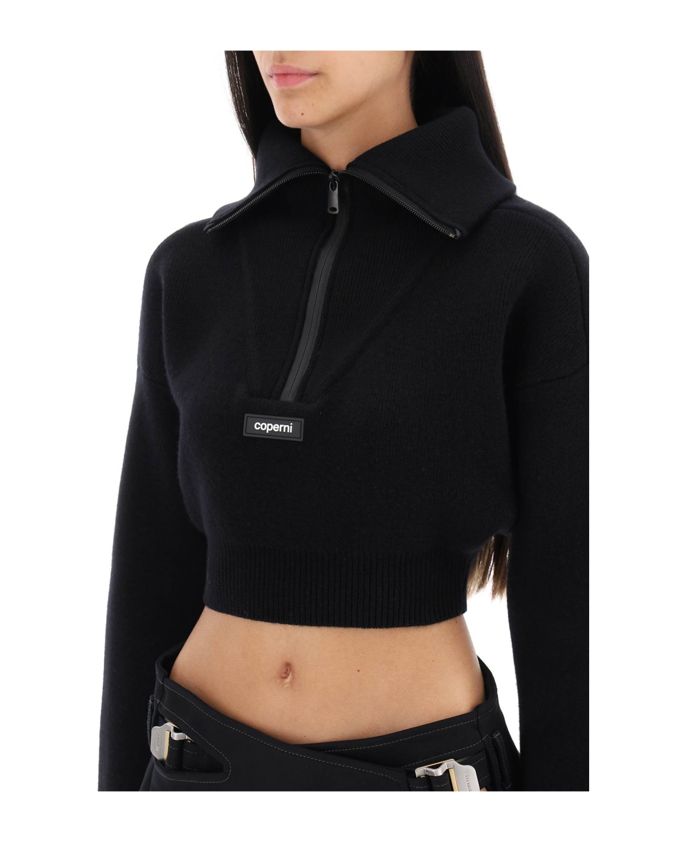 Coperni Half Zip Cropped Boxy Wool Sweater - BLACK (Black) フリース