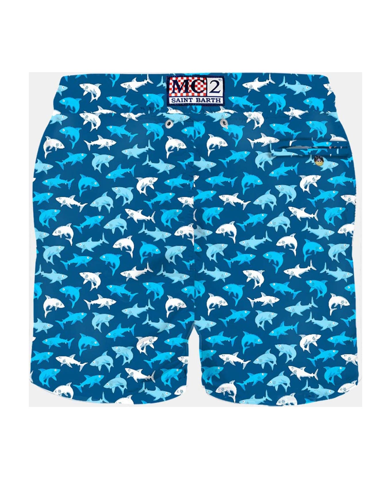 MC2 Saint Barth Man Light Fabric Swim Shorts With Multicolor Sharks Print - BLUE