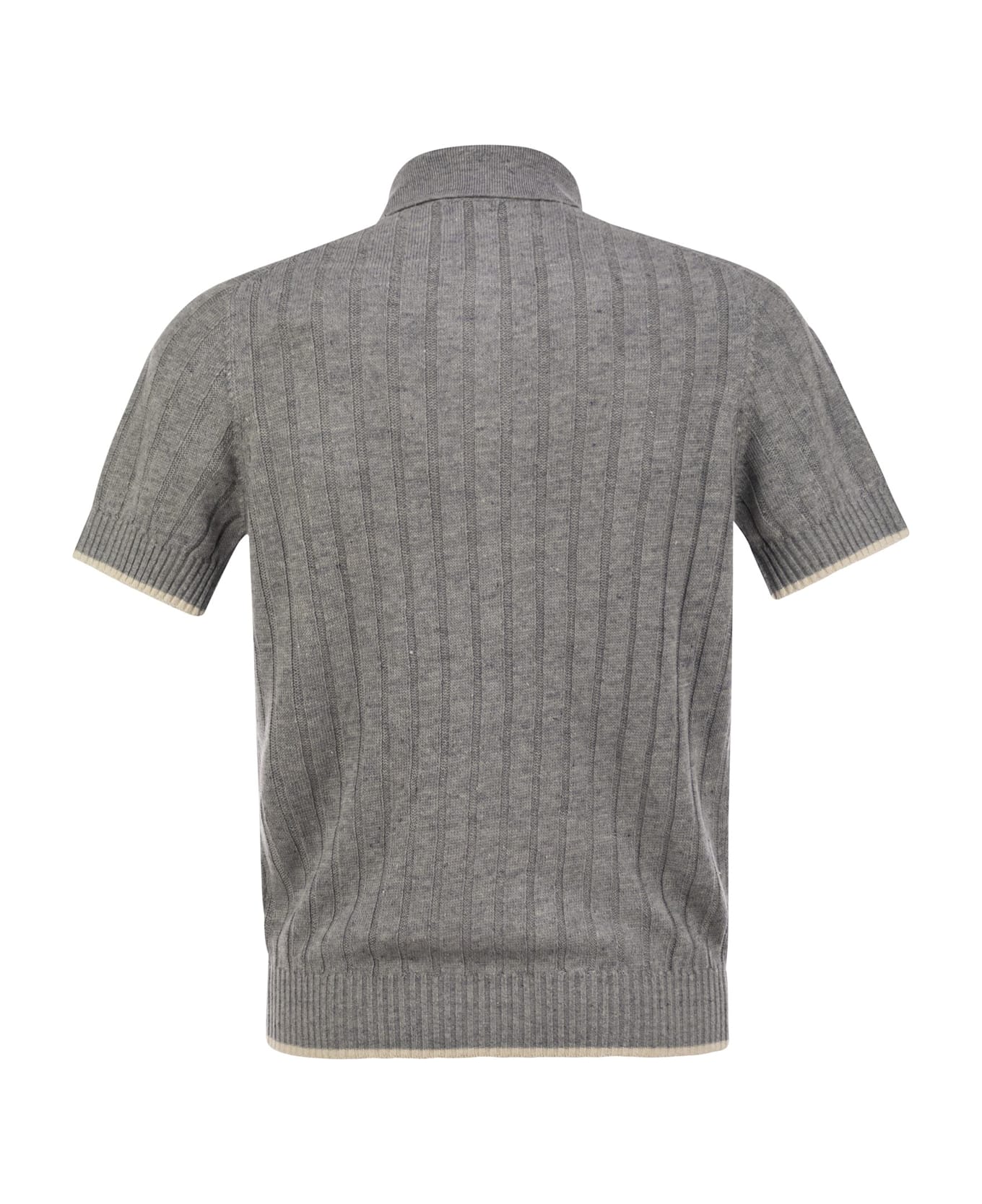 Brunello Cucinelli Linen And Cotton Knit Polo Shirt With Contrasting Detail - Grey