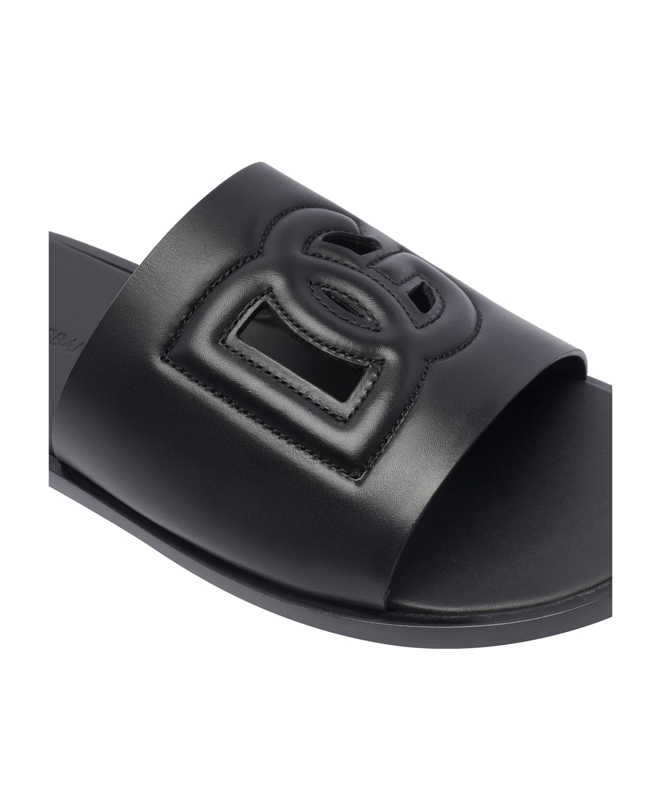 Dolce & Gabbana Leather Slide With Logo Dg - Black