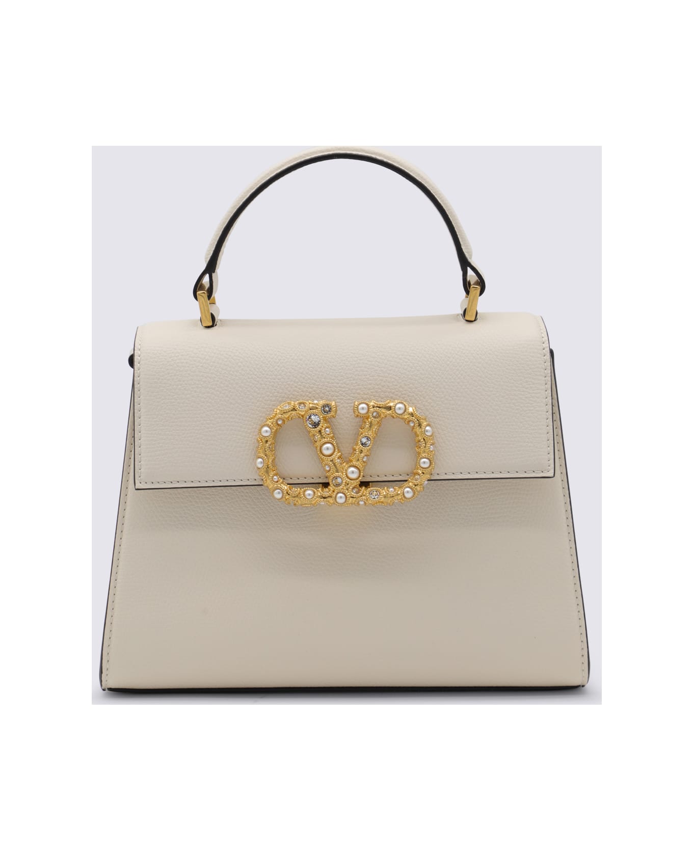 Valentino Garavani White Leather Vsling Top Handle Bag - LIGHT IVORY/CRYSTAL