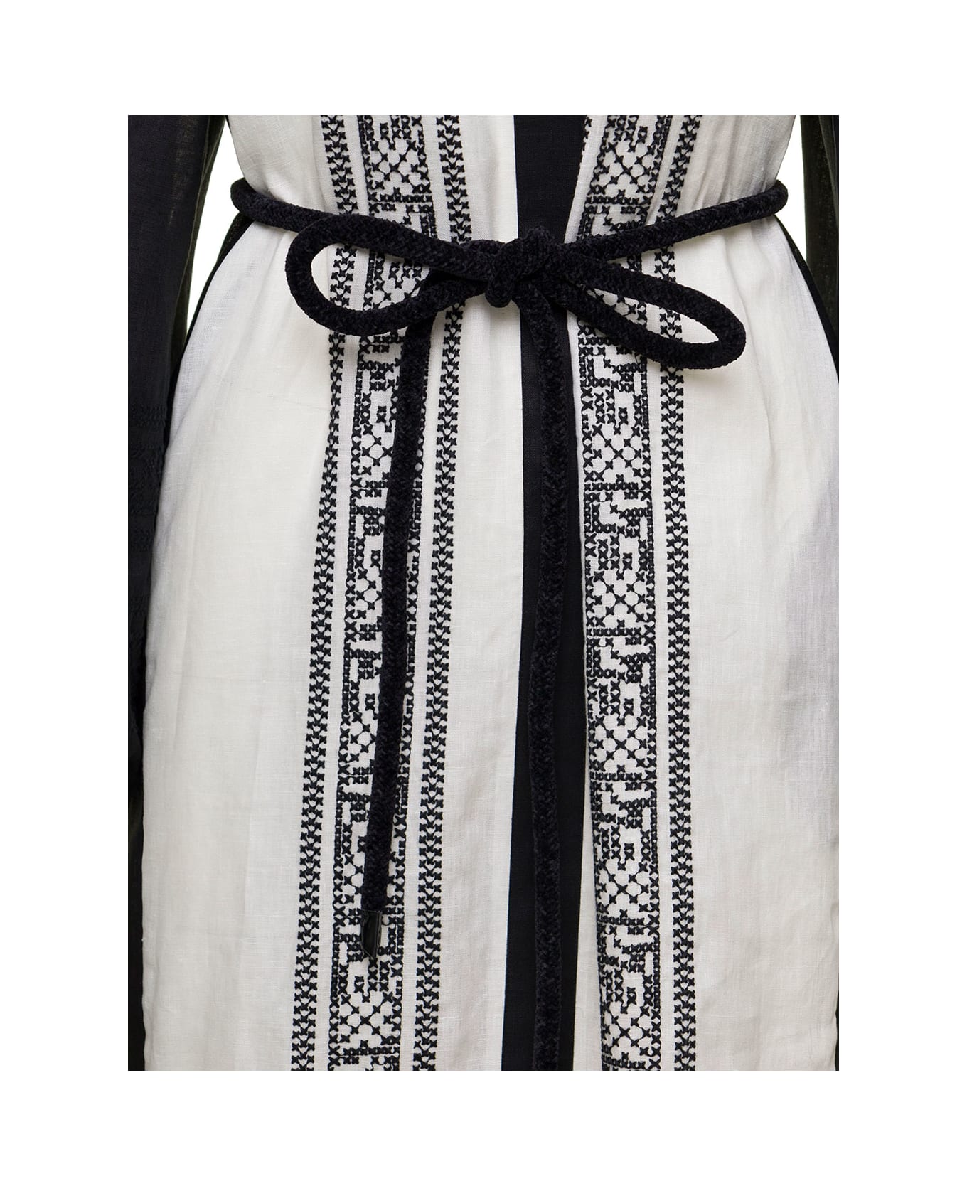 Tory Burch Black And White Embroidered Caftan With Tie And Tassels In Linen Woman Tory Burch - Black