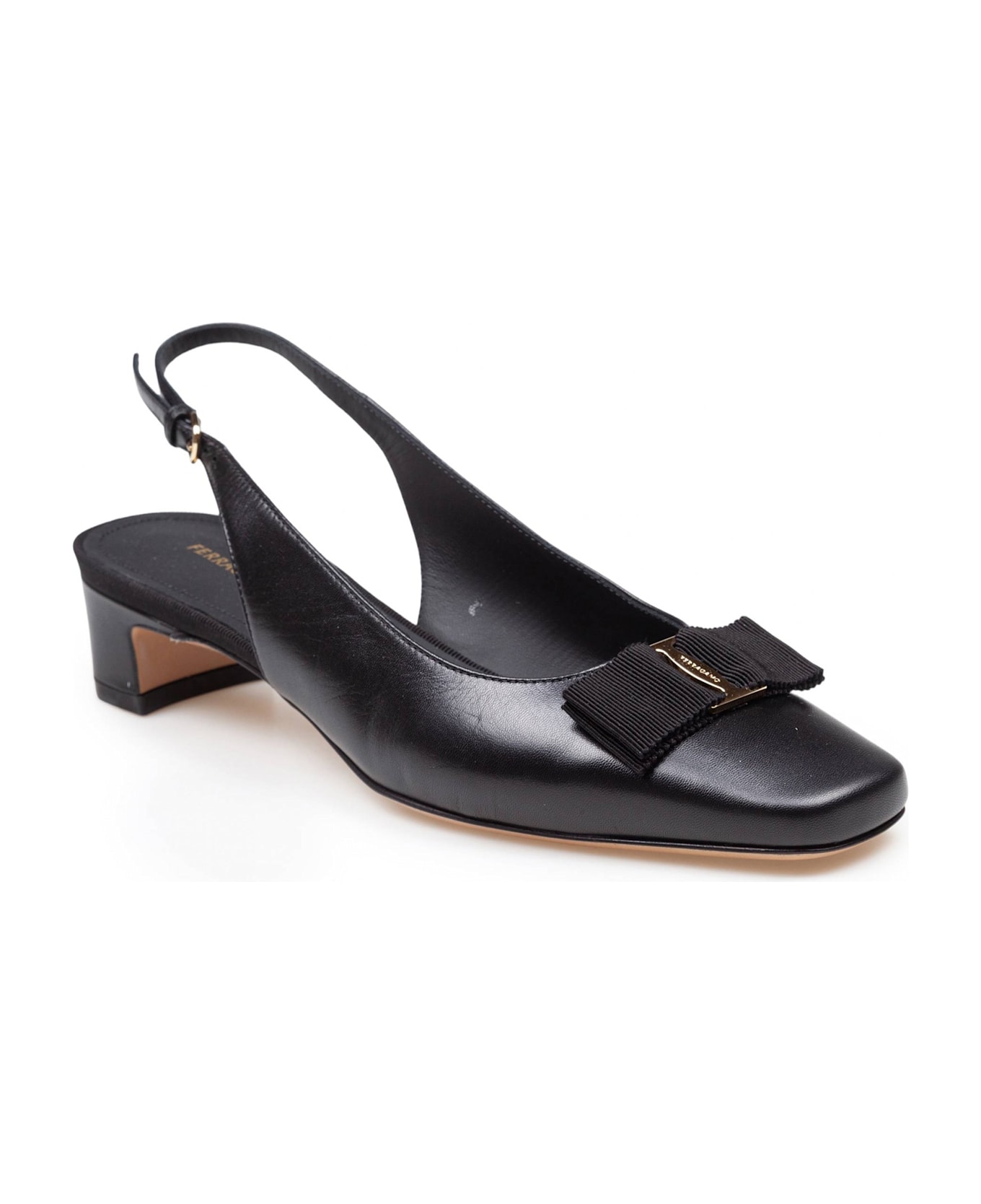 Ferragamo Slingback Rivalda In Black Leather - Black