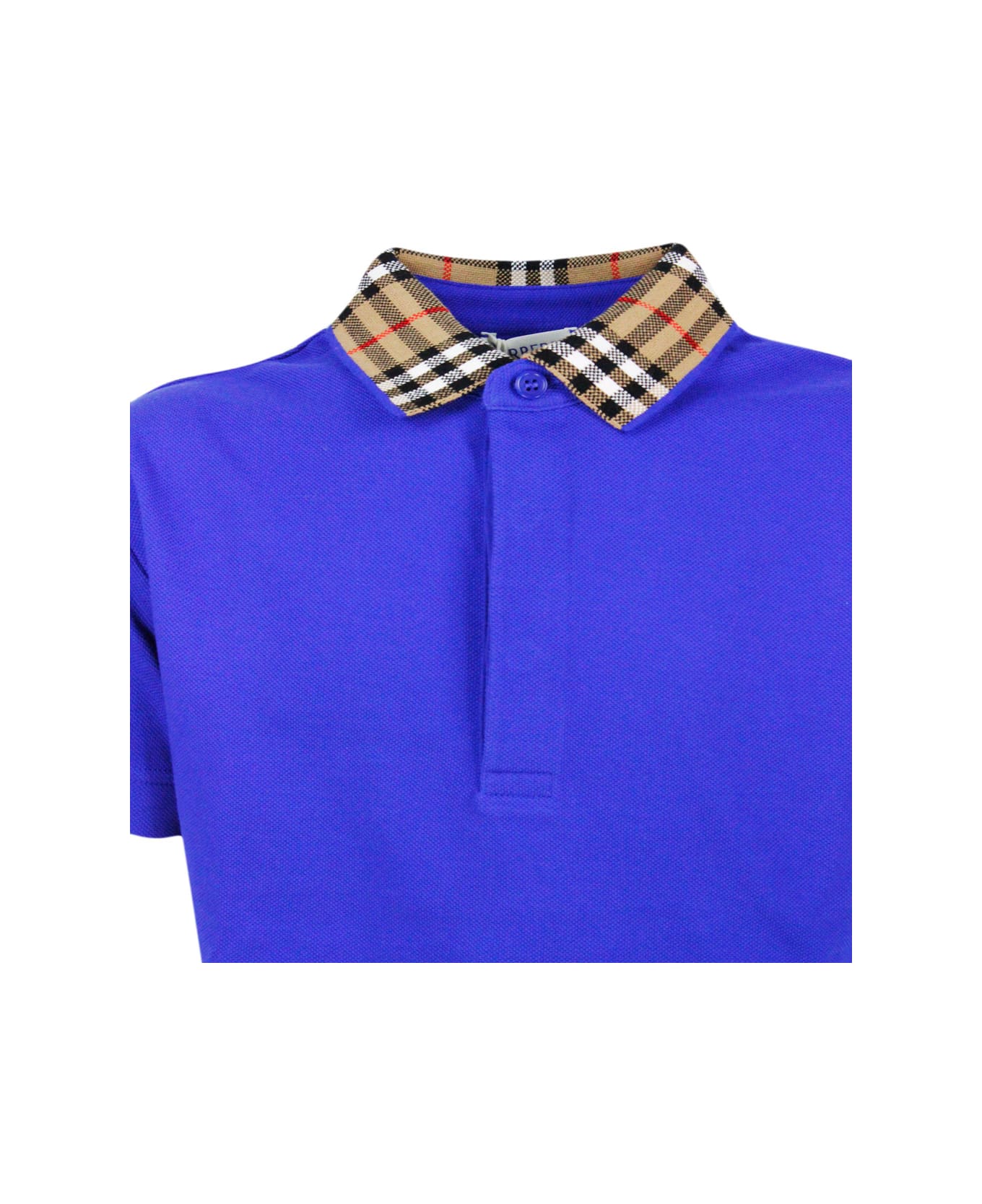 Burberry Piqué Cotton Polo Shirt With Check Collar And Button Closure - Blu royal