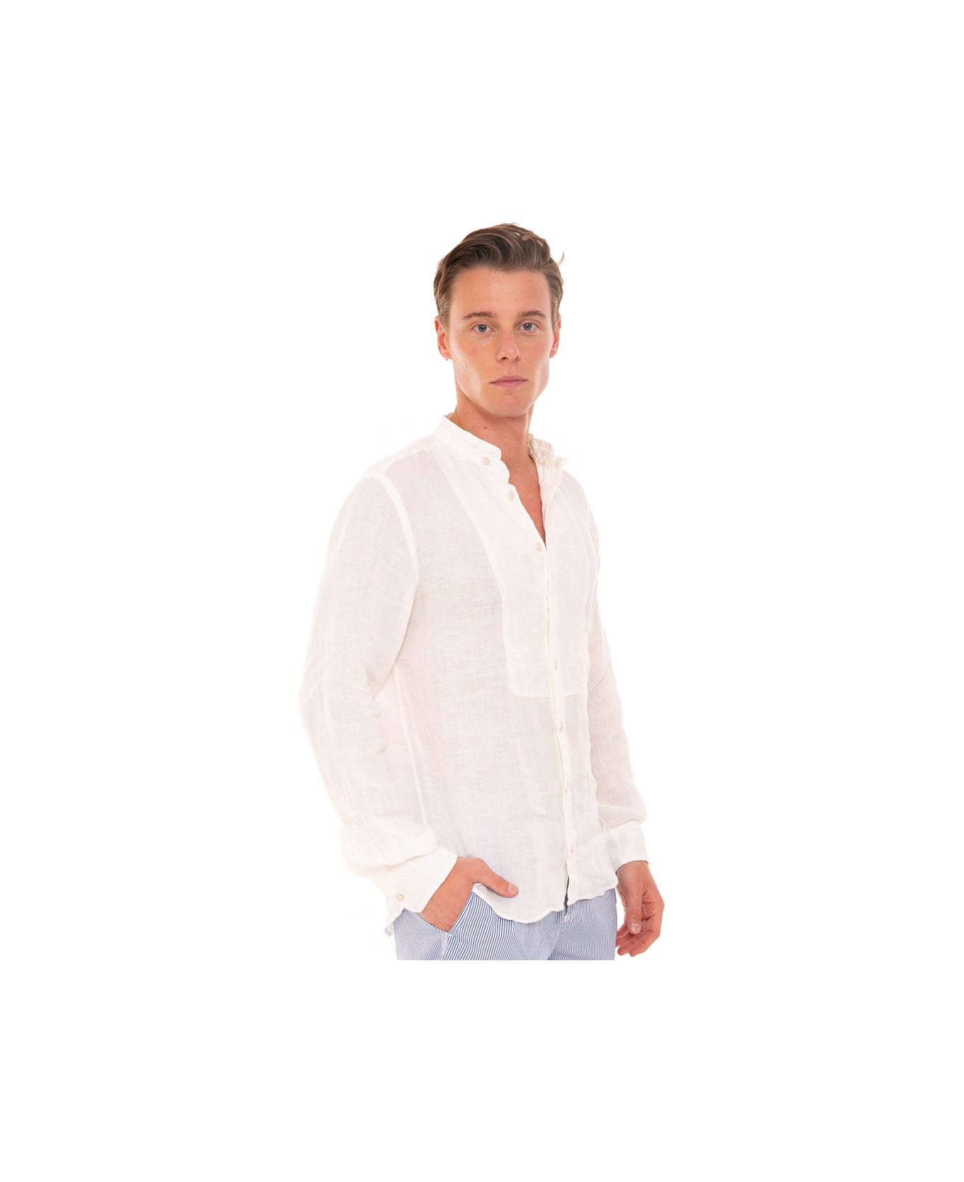 MC2 Saint Barth Off White Embroidered Man Linen Shirt - WHITE