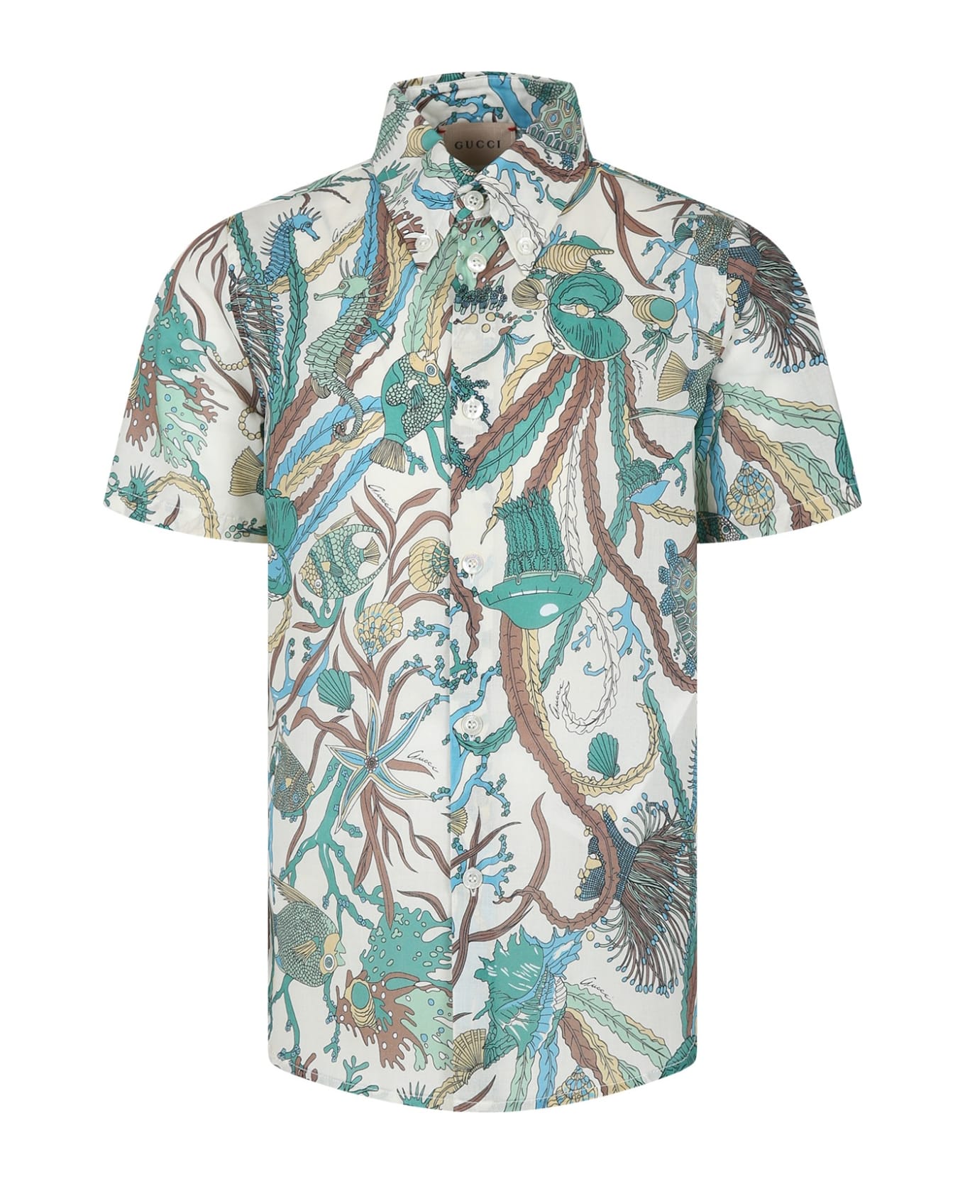 Gucci Ivory Shirt For Boy With Marine Print - Multicolor
