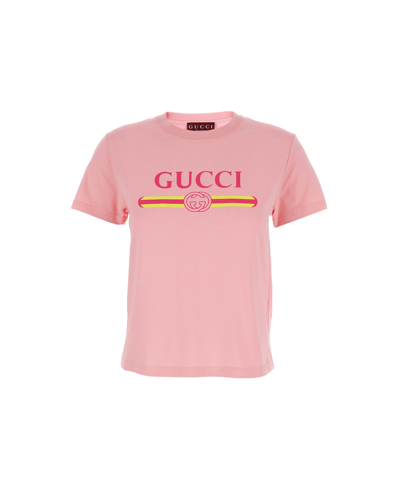 Gucci Pink Crewneck T-shirt With Logo Print On The Front In Cotton Woman - Pink