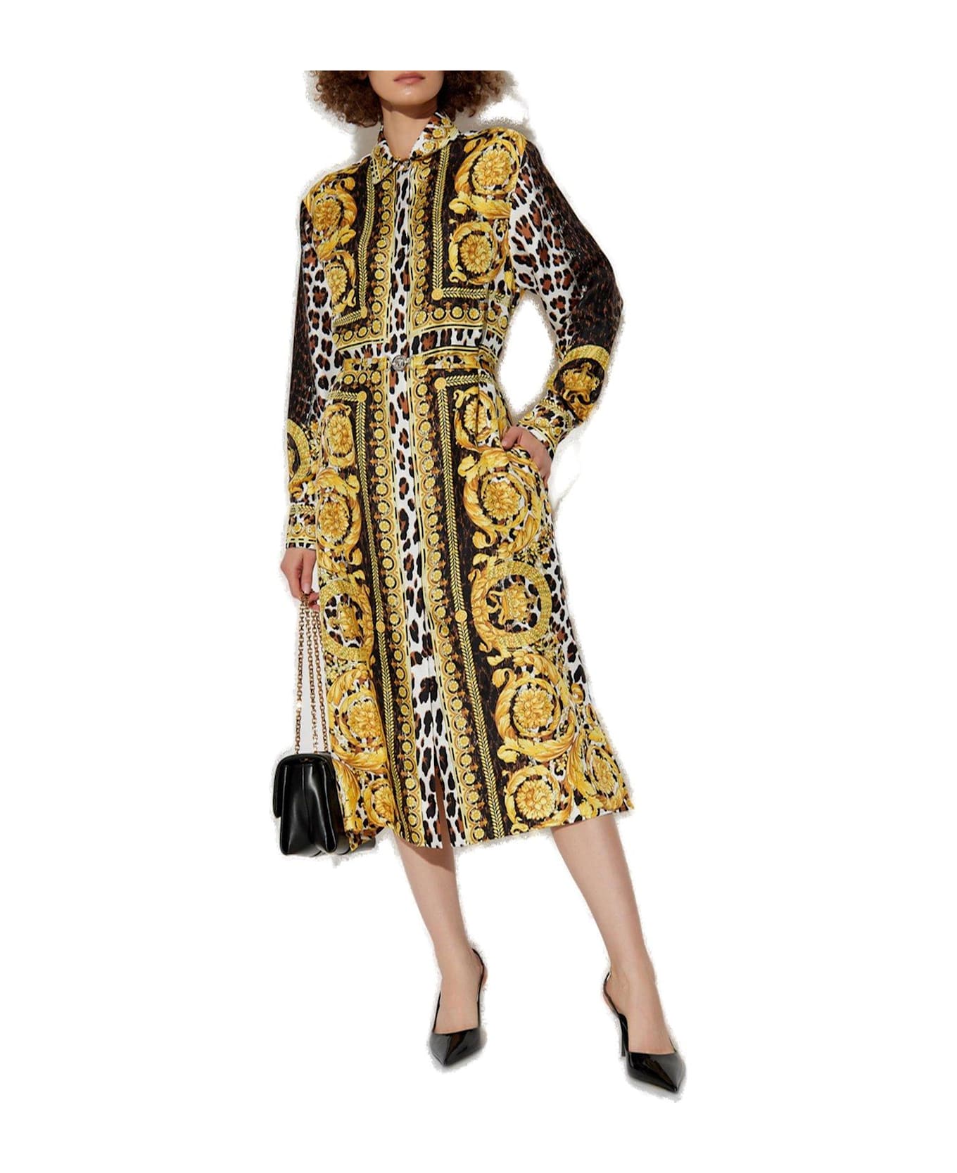 Versace Wild Barocco Foulard Long-sleeved Shirt Dress - Golden