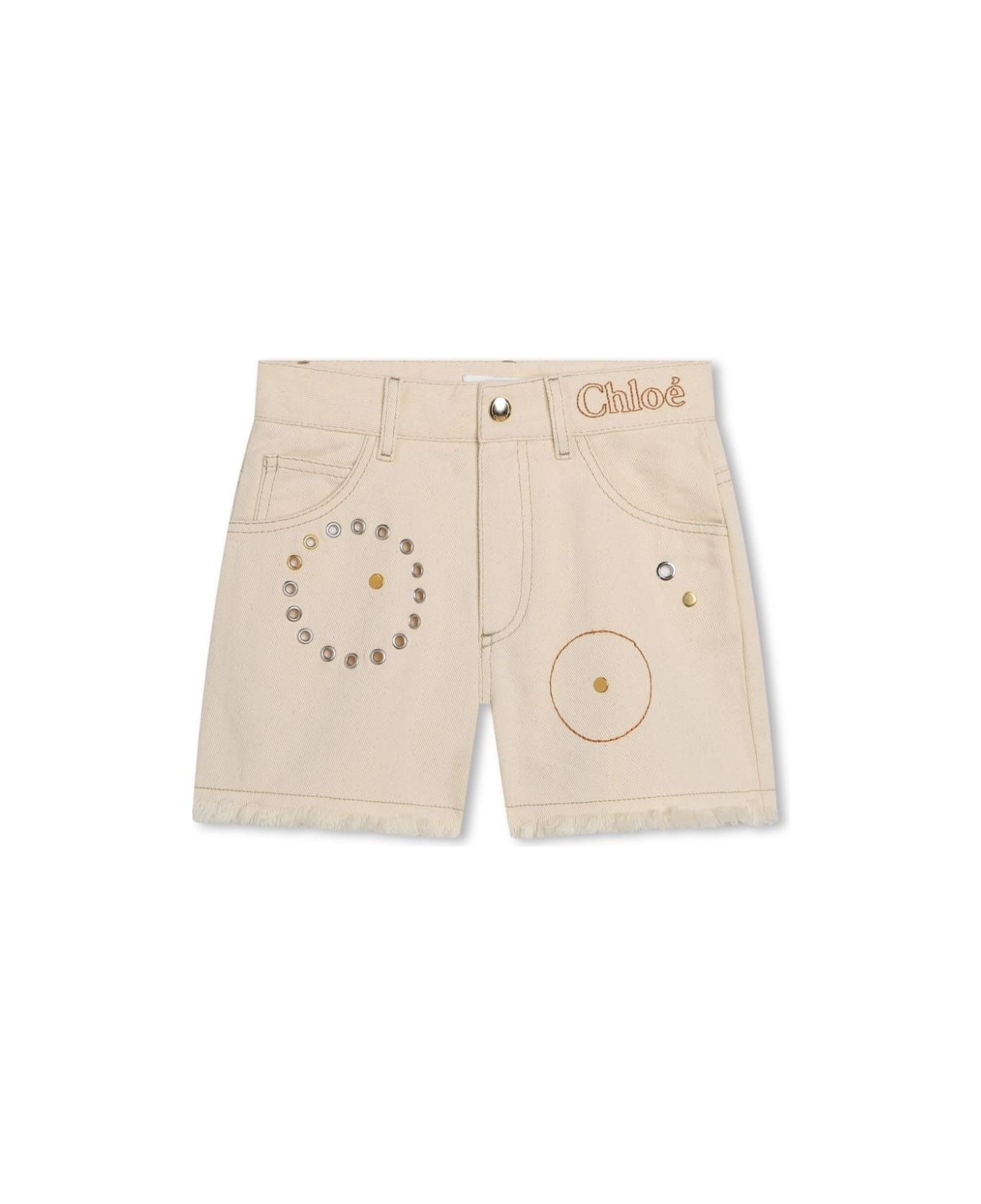 Chloé Beige Denim Shorts With Studs - Brown ボトムス