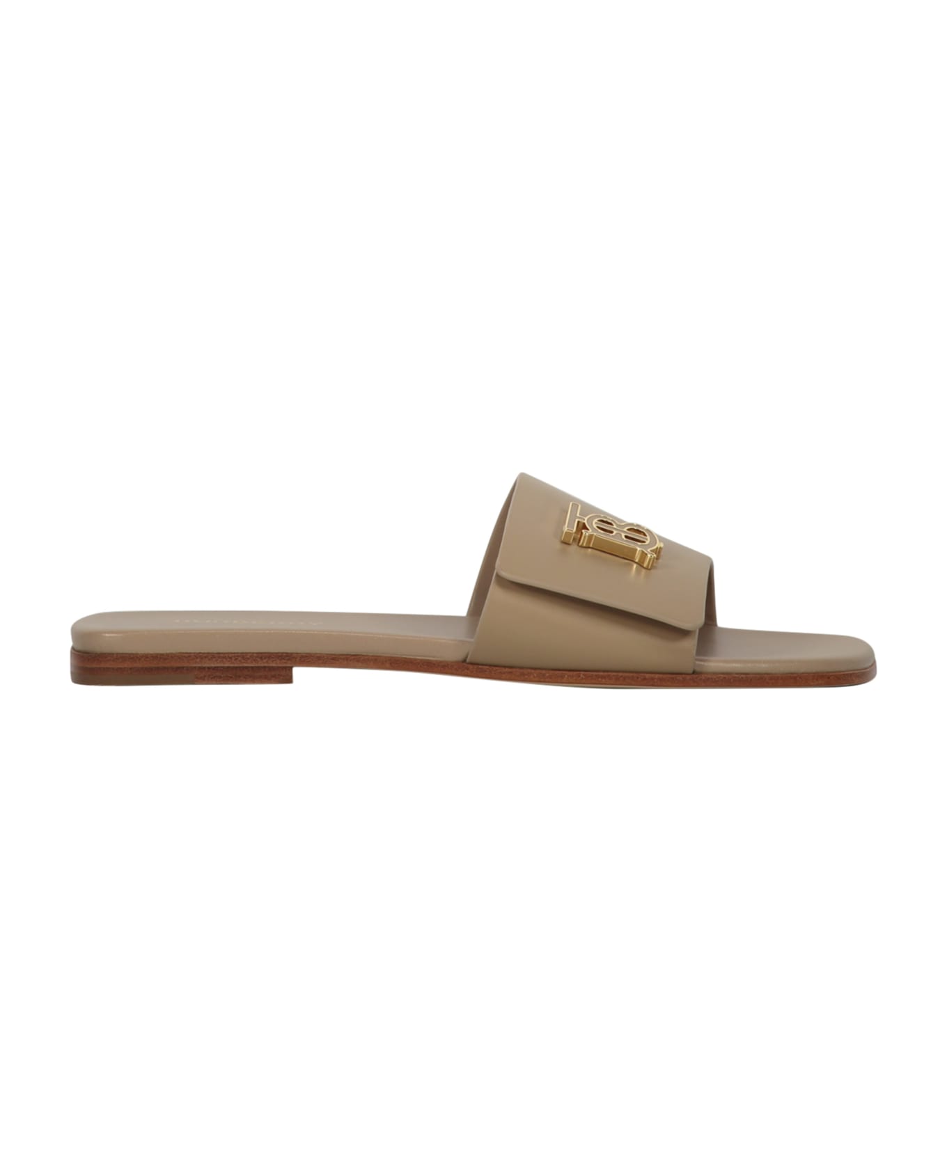 Burberry Leather Slides With Logo - Beige