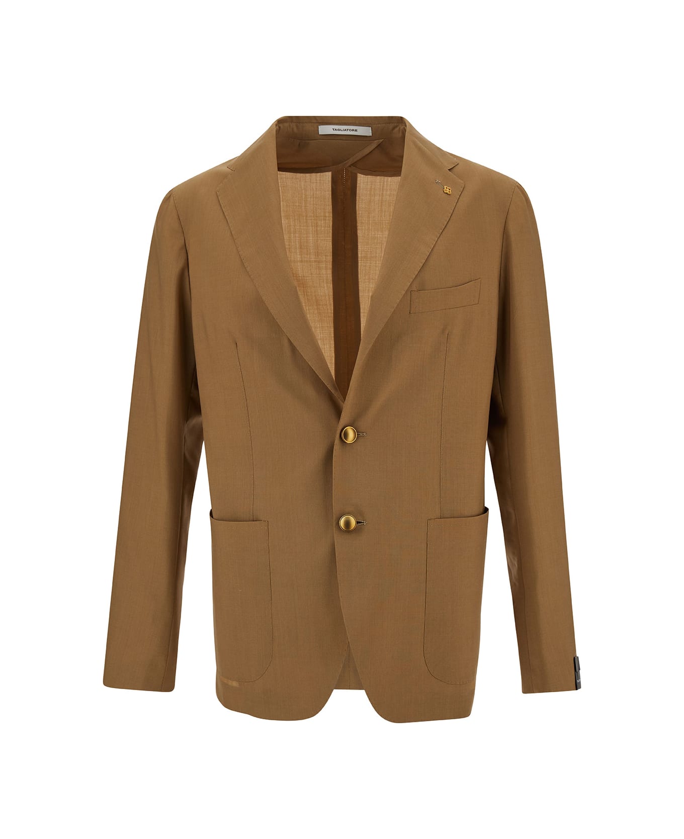 Tagliatore Camel Brown Single-breasted Jacket With Logo Detail In Stretch Wool Man - Brown