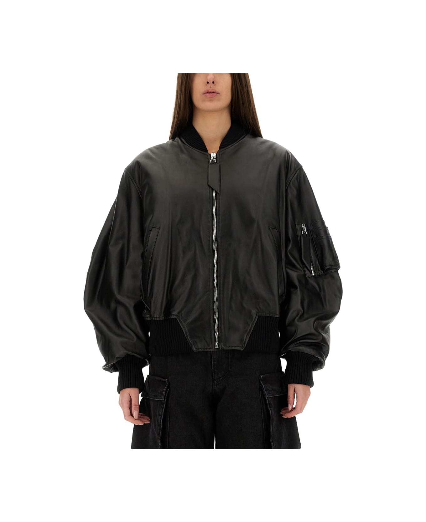 The Attico Leather Bomber Jacket - BLACK