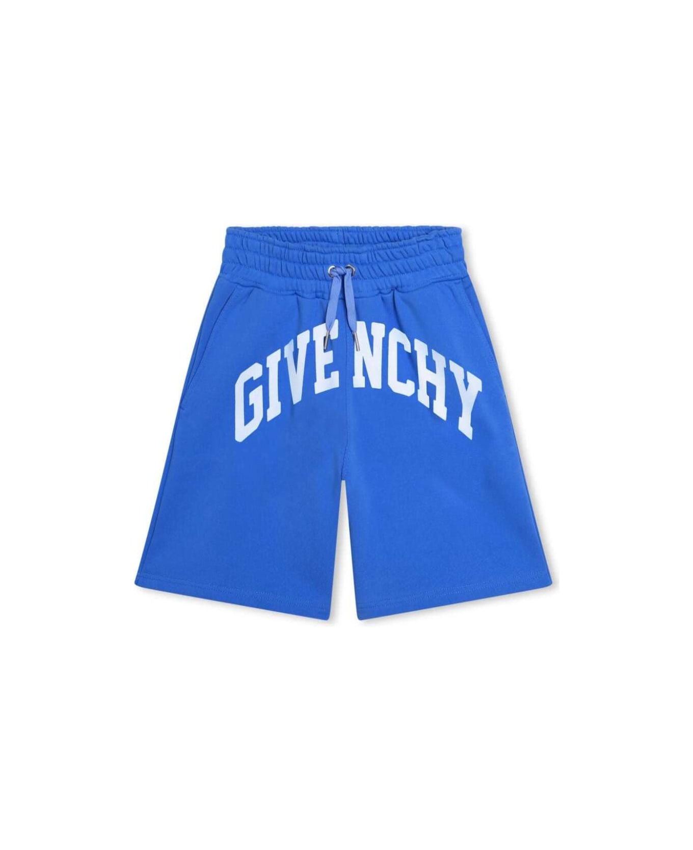 Givenchy Blue Bermuda Shorts With Contrasting Logo Lettering Print In Cotton Blend Boy - Blu