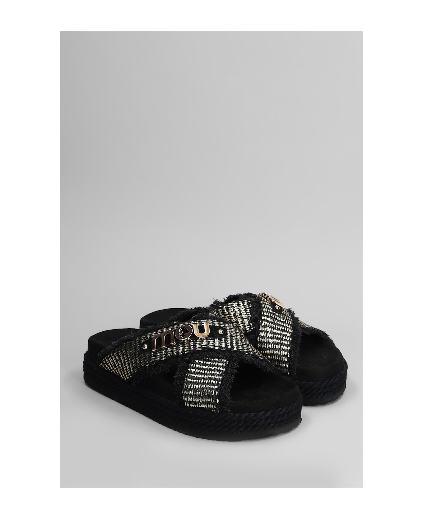 Mou Crisscross Flats In Black Raffia - black