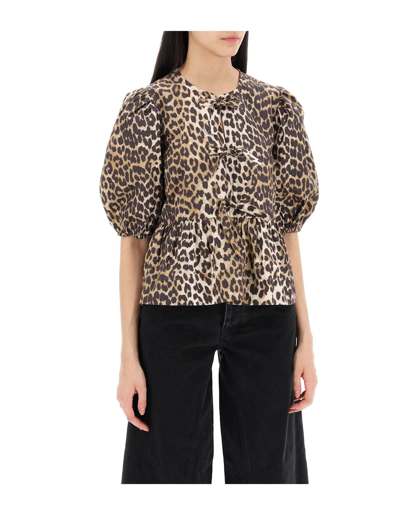 Ganni Leopard Print Peplum Blouse - LEOPARD (Beige)