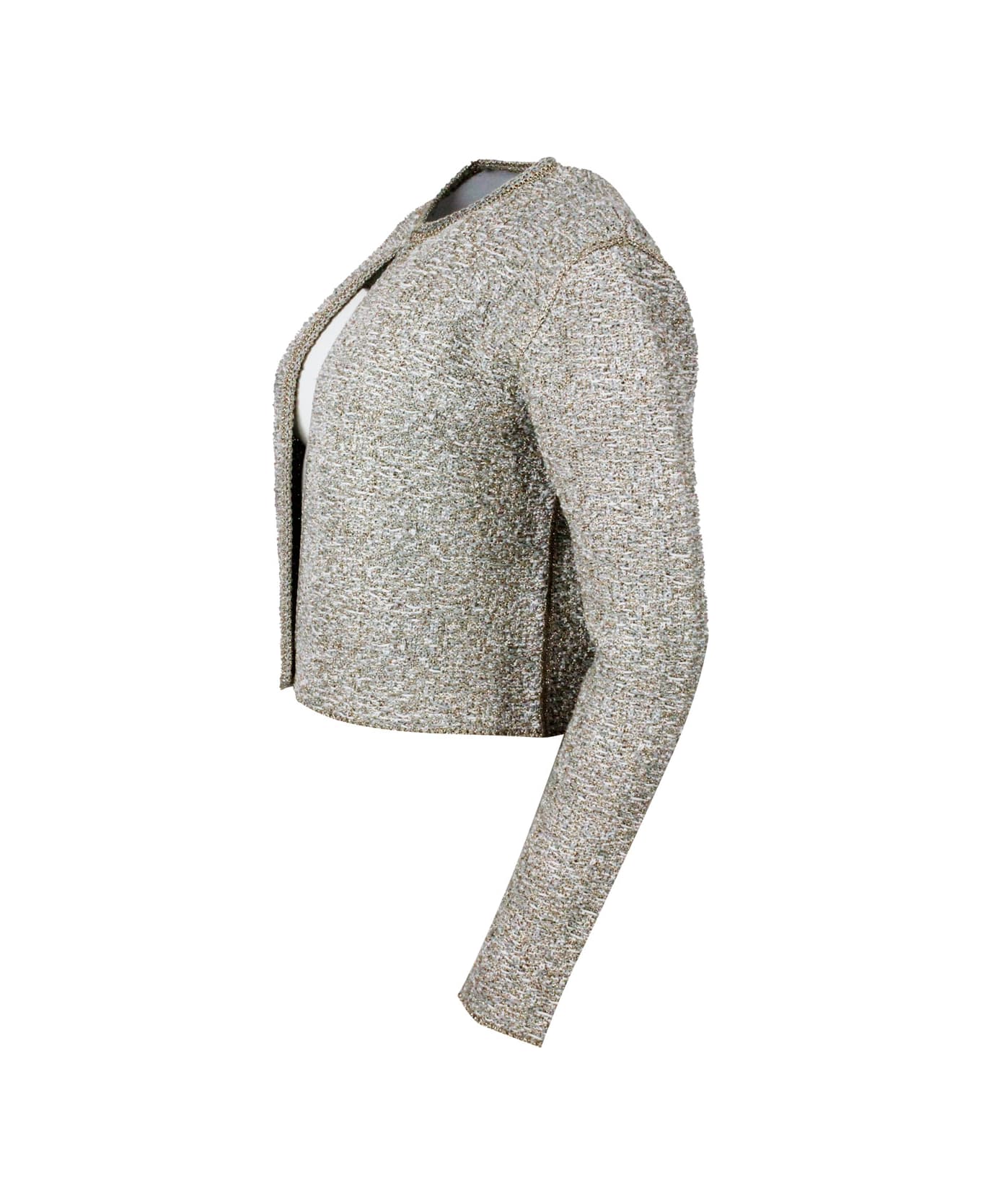 Fabiana Filippi Chanel-style Jacket Sweater Open On The Front And With Hook Closure Embellished With Bright Lurex Threads - Grigio chiaro/bianco/oro カーディガン
