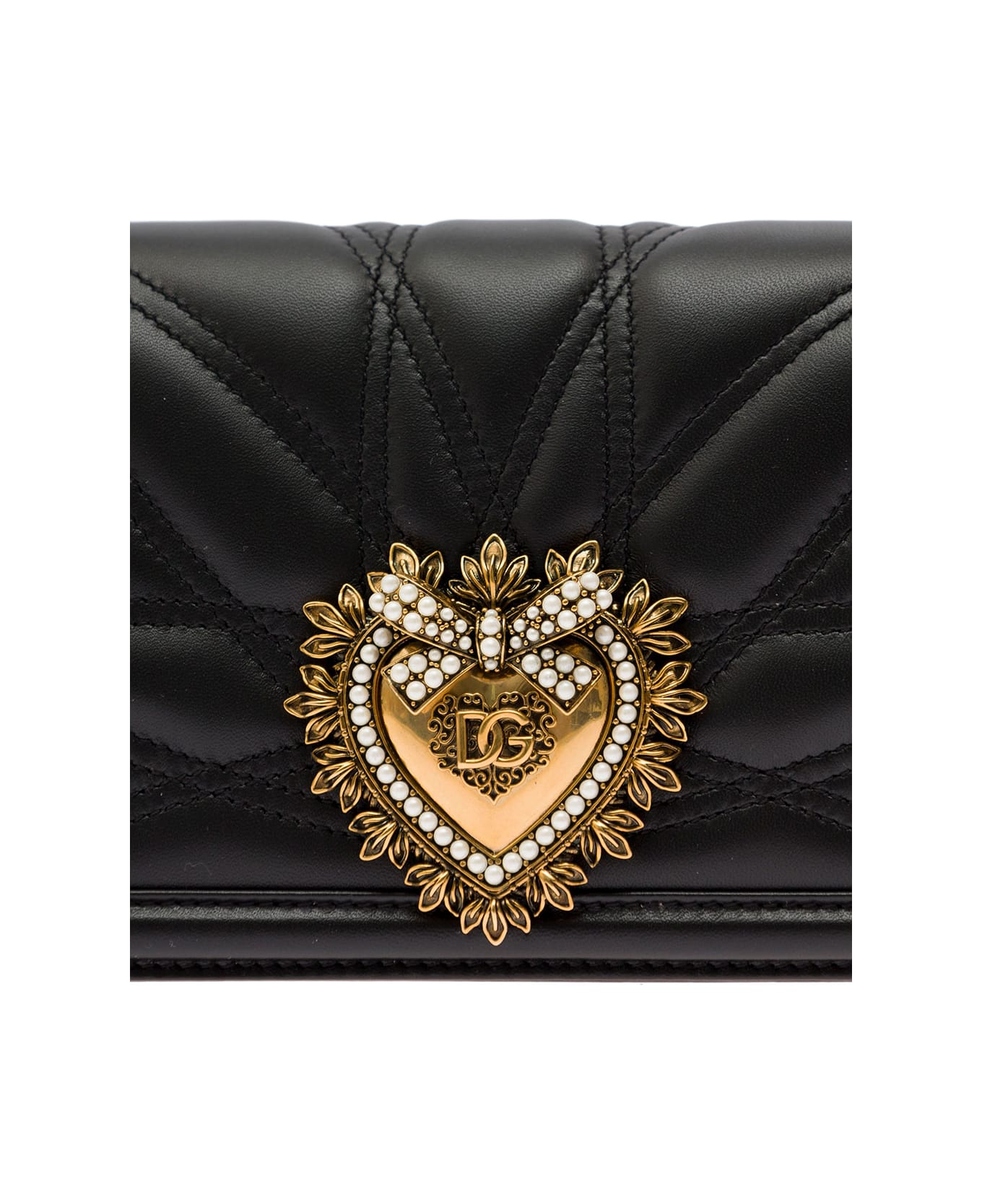 Dolce & Gabbana 'devotion' Black Shoulder Bag With Jewel Heart Detail In Matelassé Leather Woman - Black