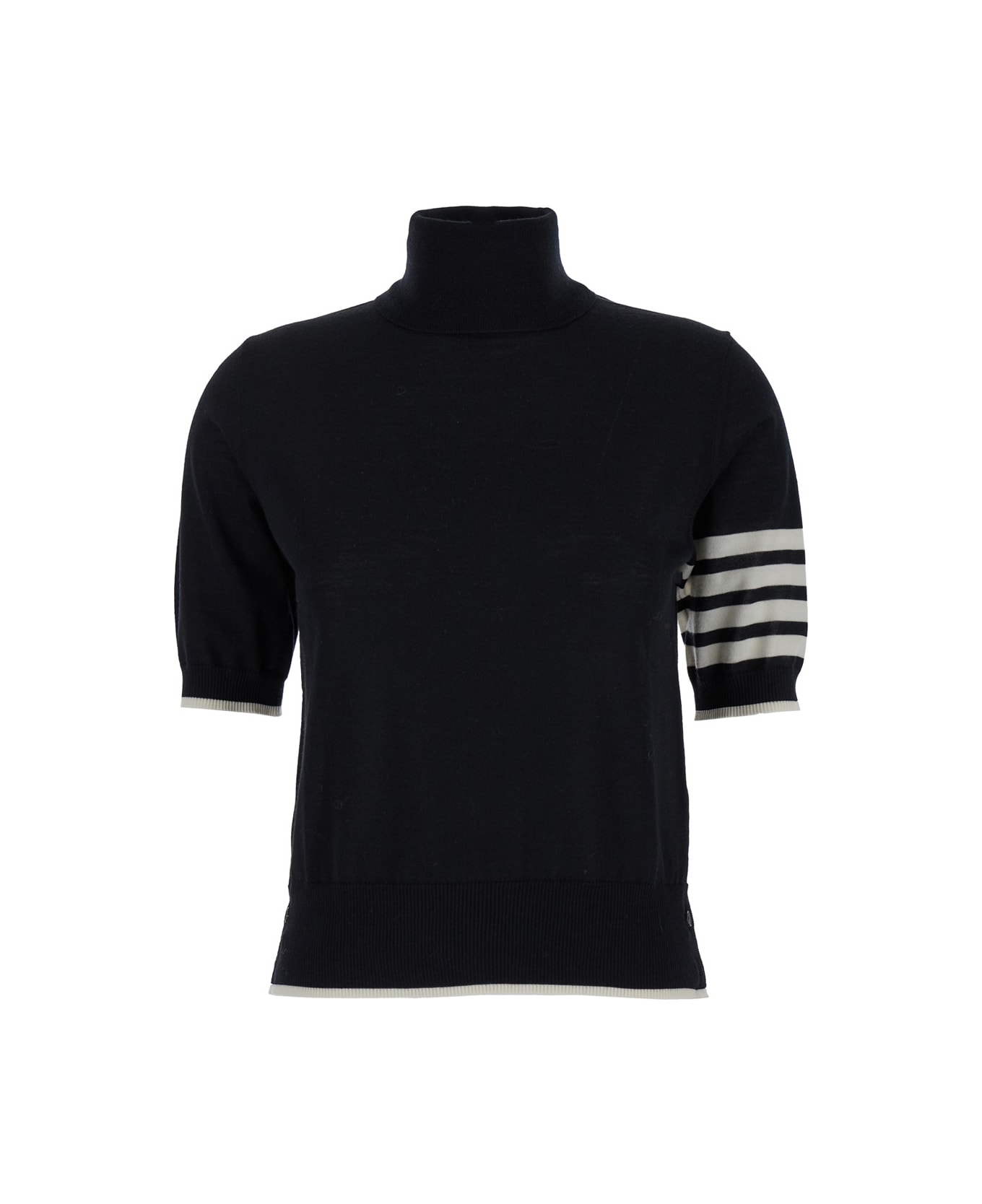 Thom Browne Black Short Sleeve Sweater With 4-bar Detail In Wool Woman - Black