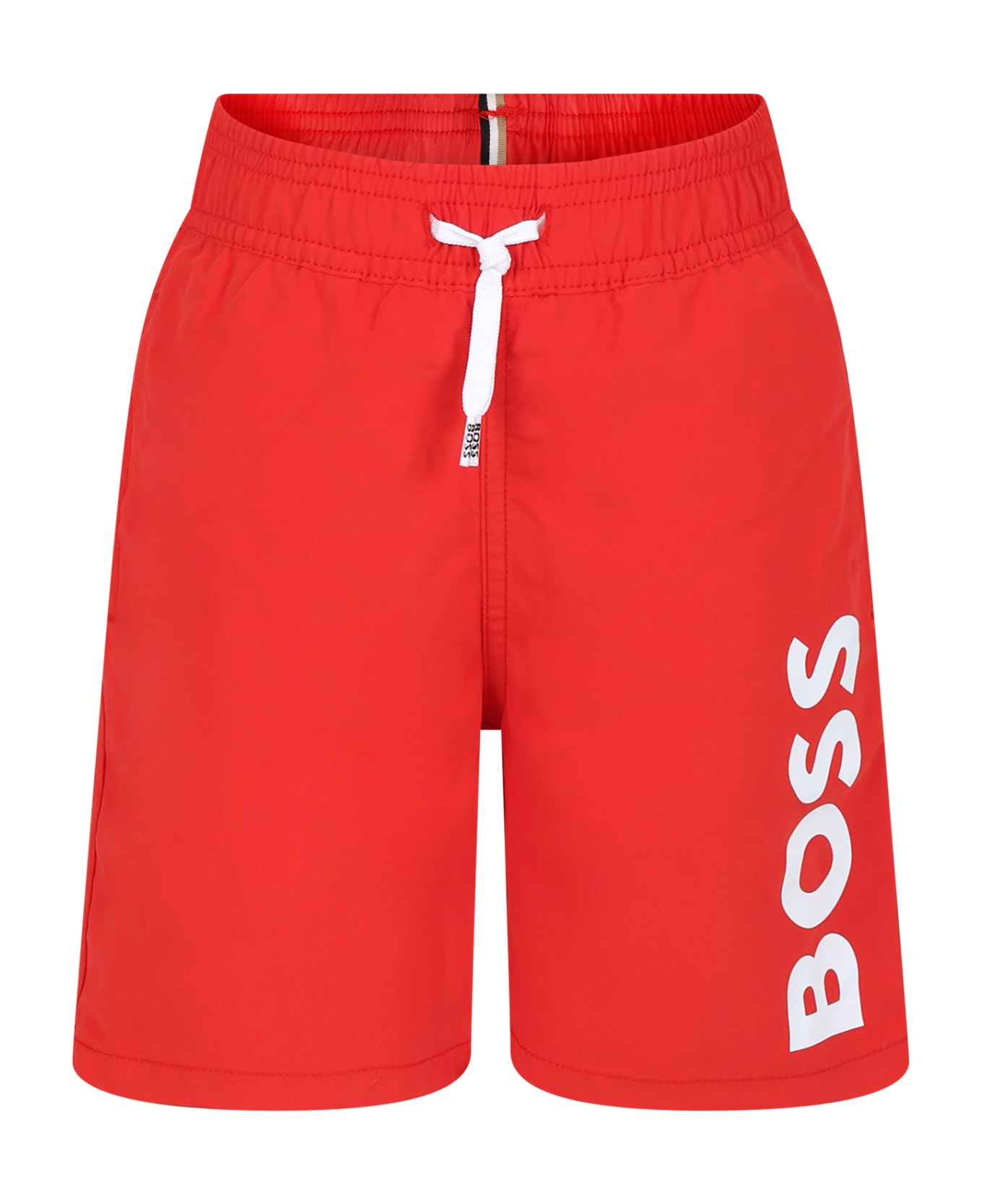 Hugo Boss Red Swim Shorts For Boy With Logo - Red
