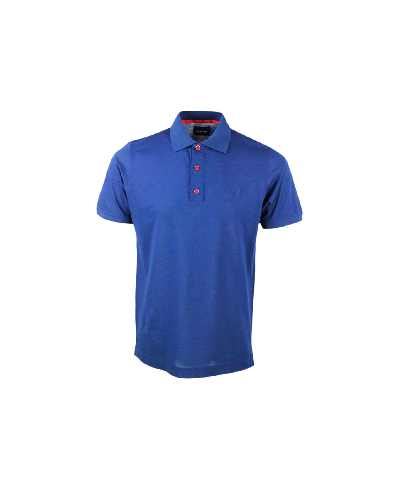 Kiton Short-sleeved Polo Shirt In Very Soft Cotton Crepes With Closure With Three Press Studs With Logo - Blu ポロシャツ