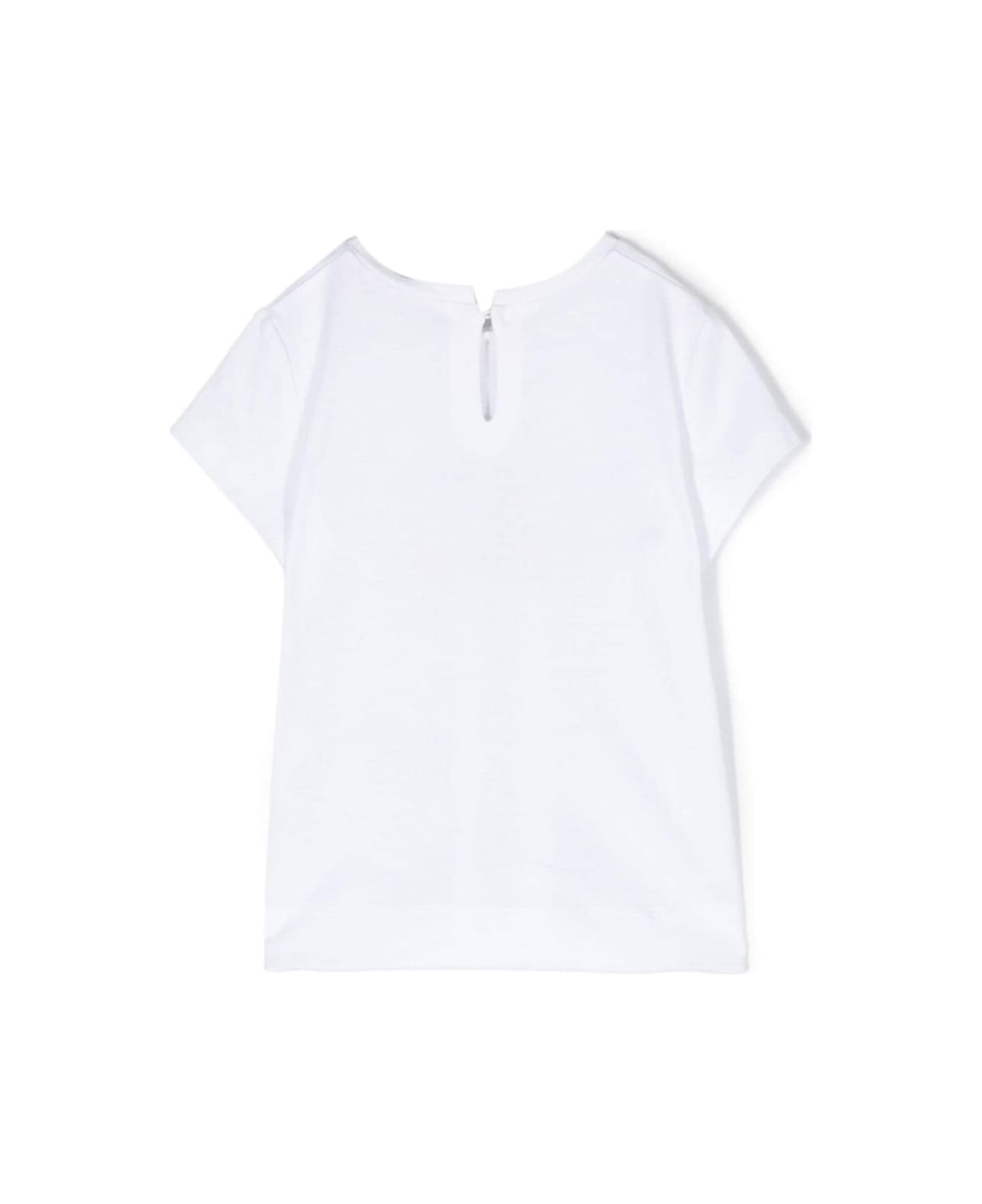 Monnalisa White Crewneck T-shirt With Teddy Bear Print In Cotton Baby - White