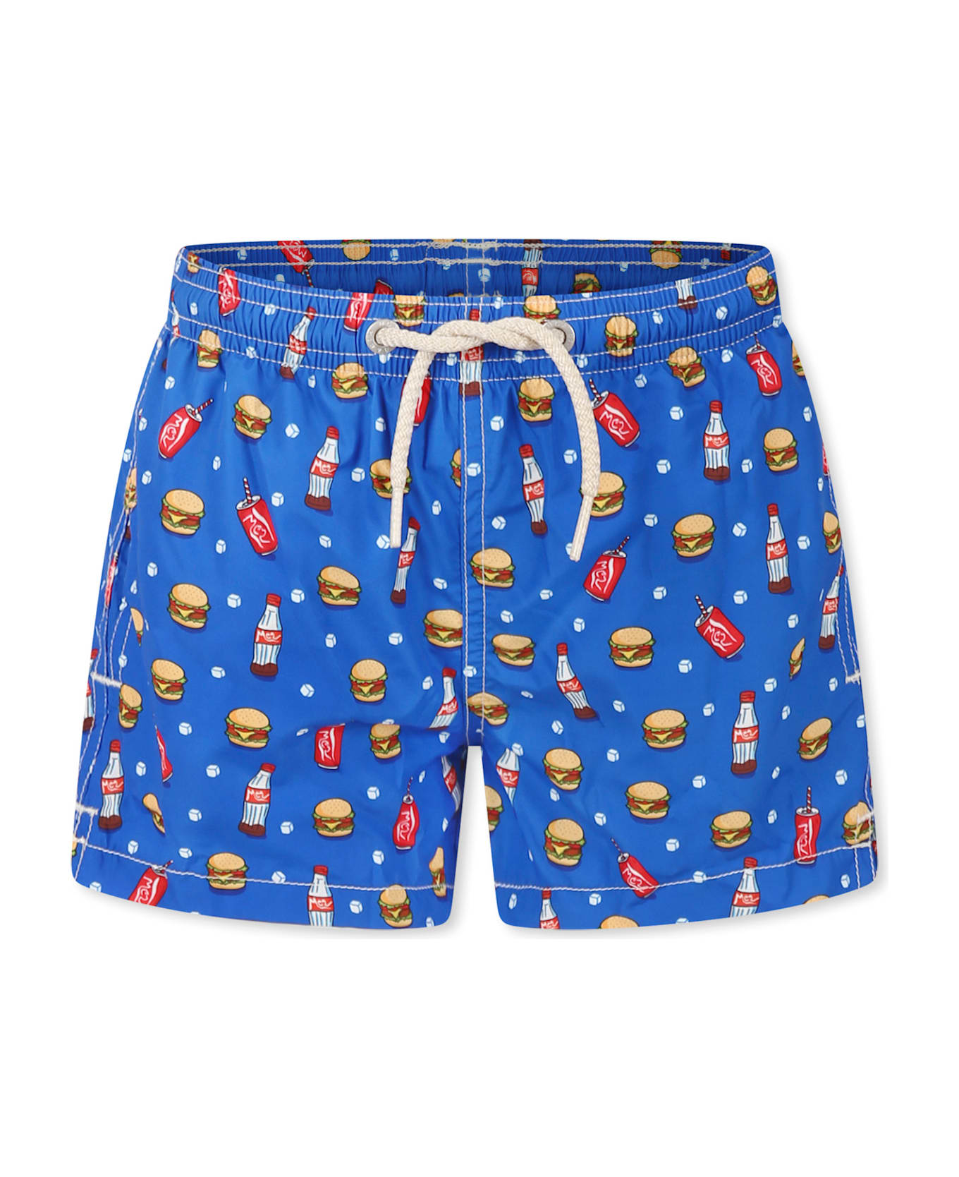 MC2 Saint Barth Light Blue Swim Shorts For Boy With Hamburger And Cola Print - Light Blue