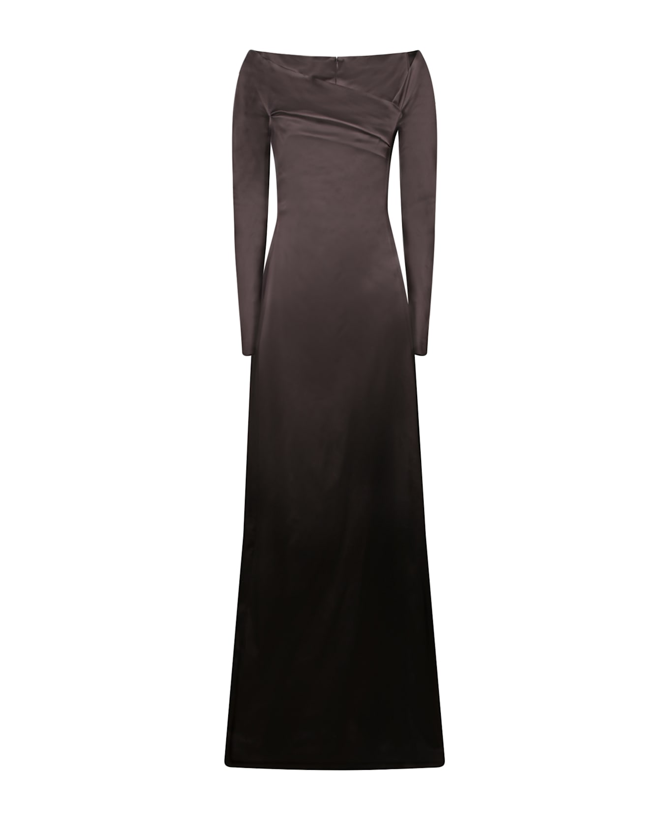 Genny Long Flared Stretch Black Satin Dress - Brown