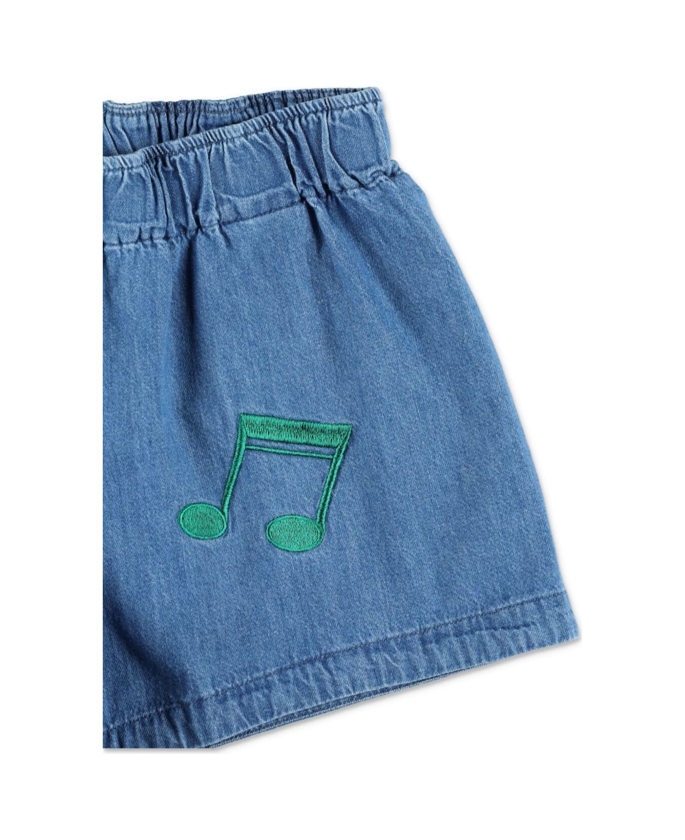 Mini Rodini Blue Shorts With Elastic Waist And Music Notes Embroidery On The Front In Denim Girl - Blu