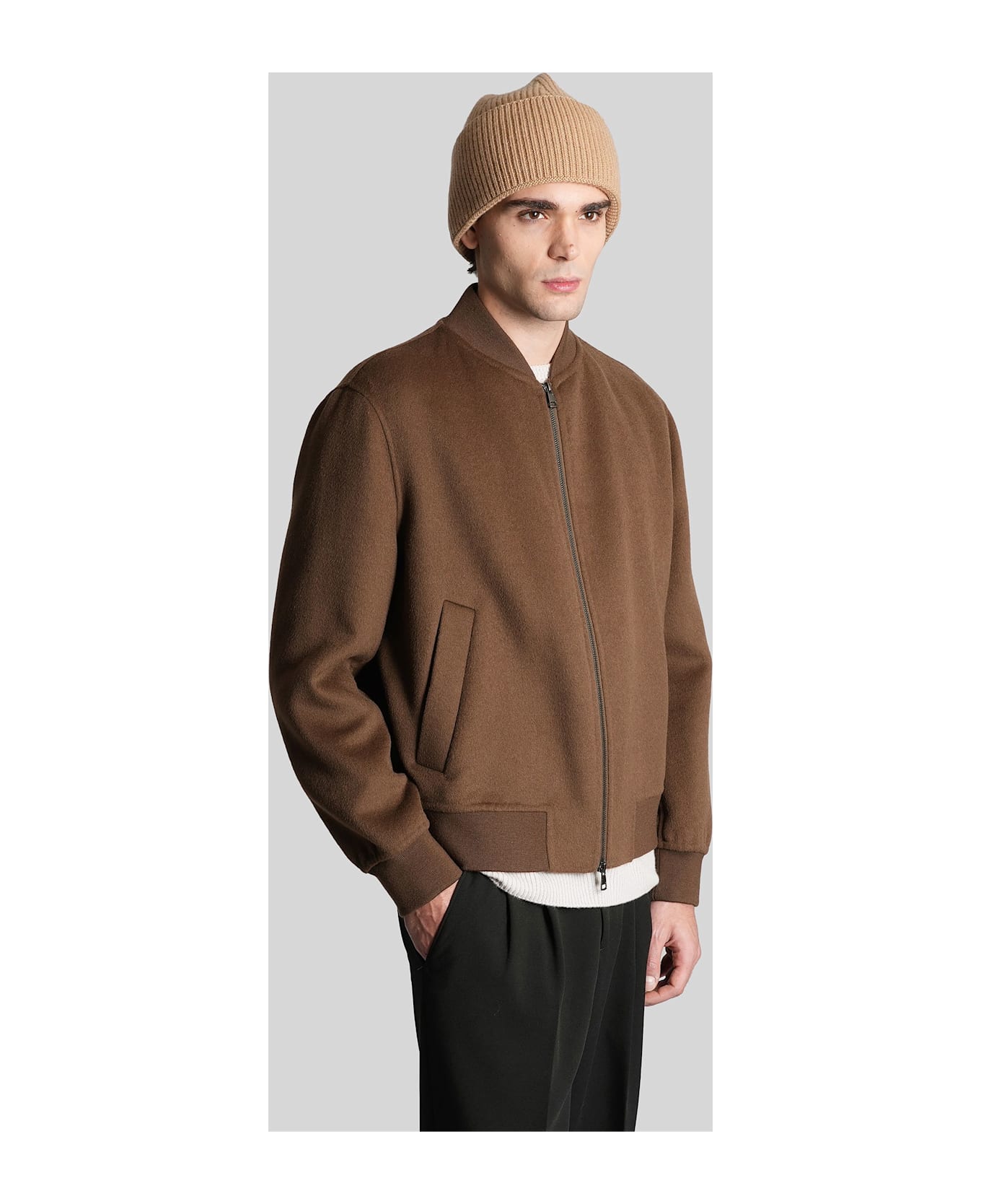 Low Brand Bomber Double Wool Bomber Jacket In Brown Wool - brown