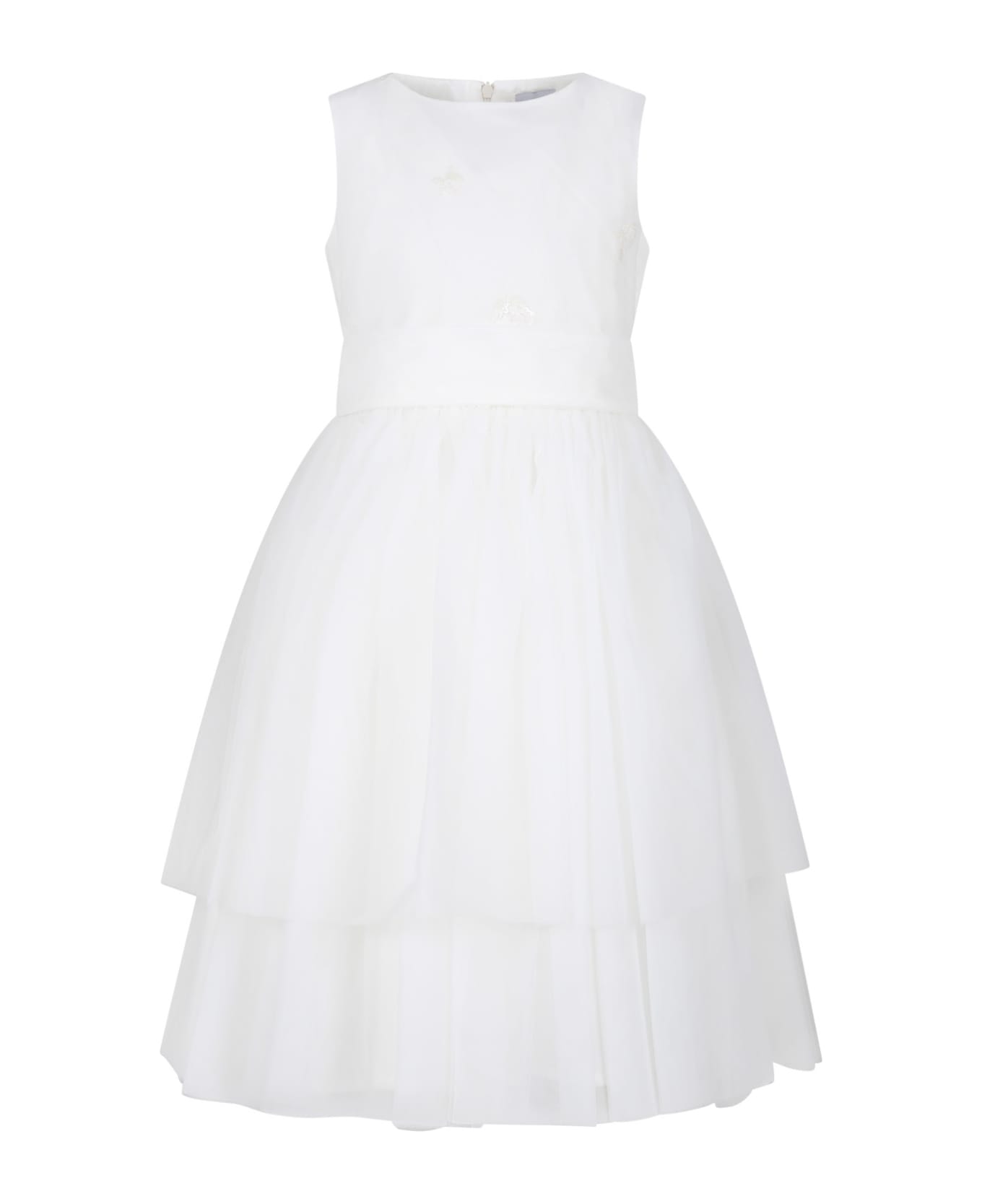 Simonetta White Dress For Girl With Sequins - White ワンピース＆ドレス