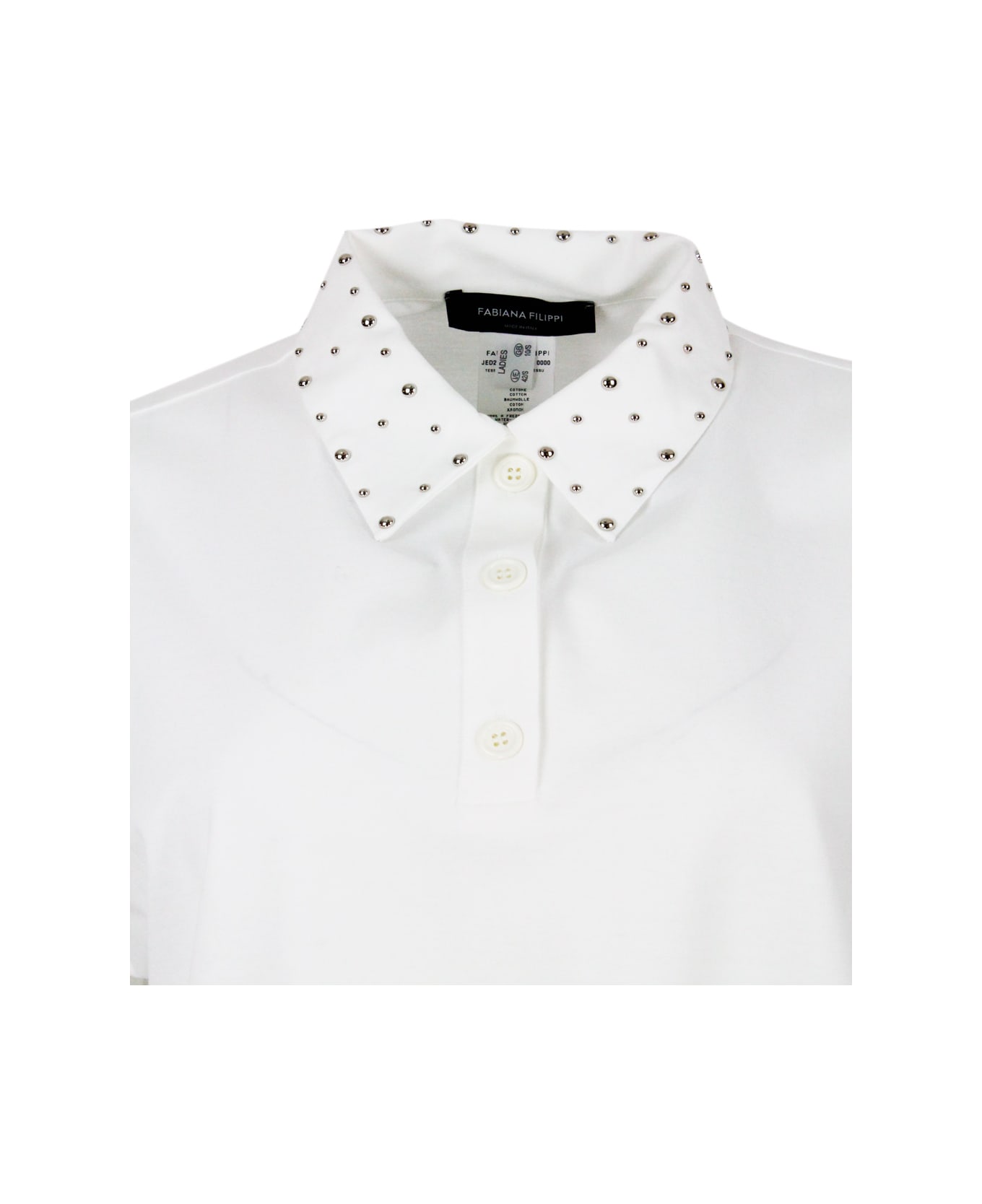 Fabiana Filippi 3-button Short-sleeved Cotton Jersey Polo Shirt Embellished With Studs On The Collar - White