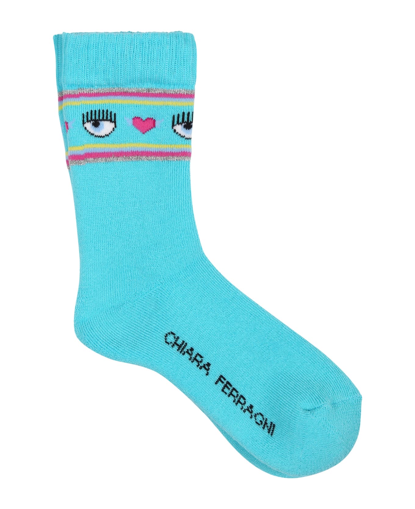Chiara Ferragni Light Blue Socks For Girl With Flirting Eyes And Hearts - Light Blue アンダーウェア