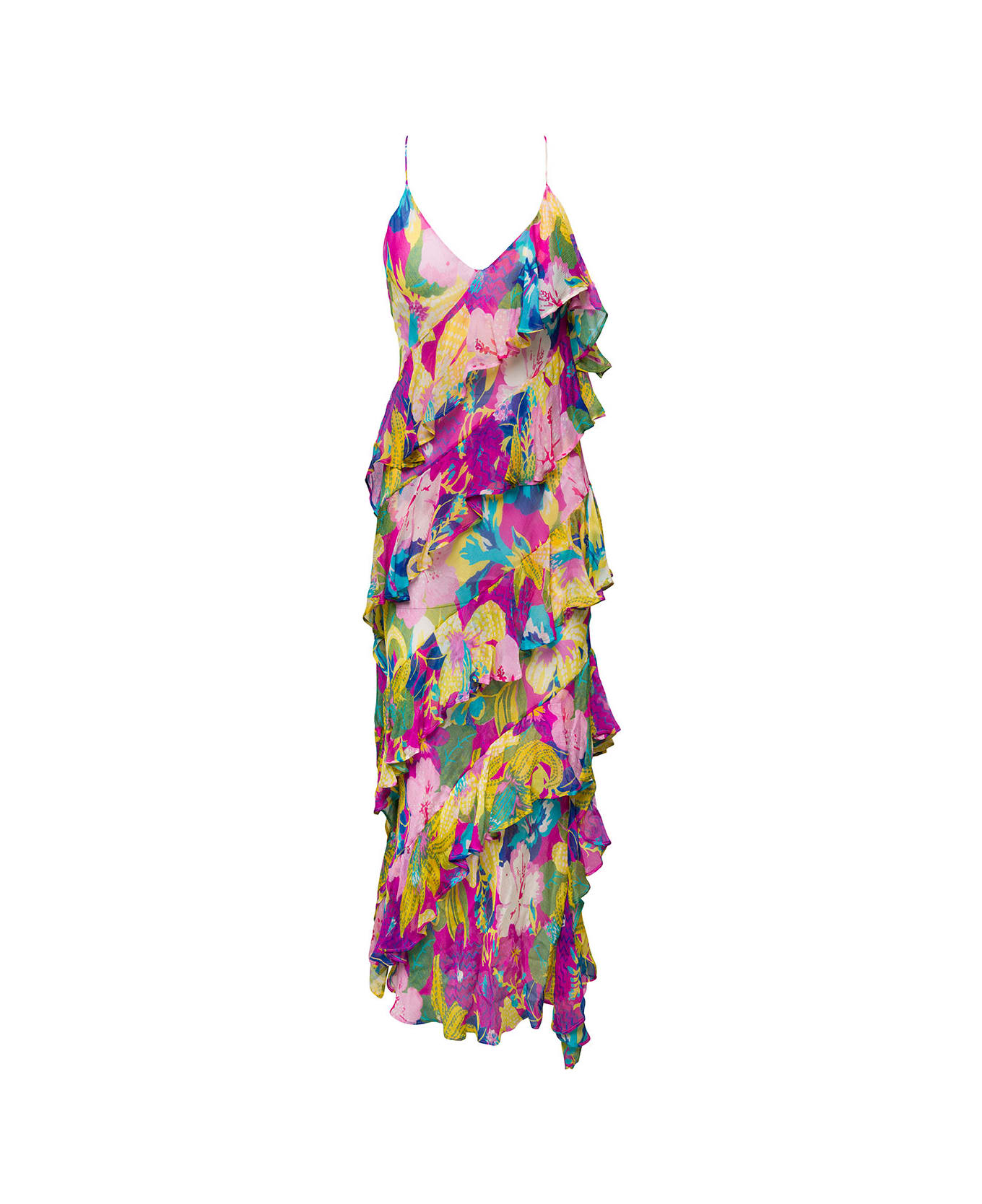 MSGM Long Dress With Frills Embellishment And Floreal Print In Viscose Woman - Multicolor