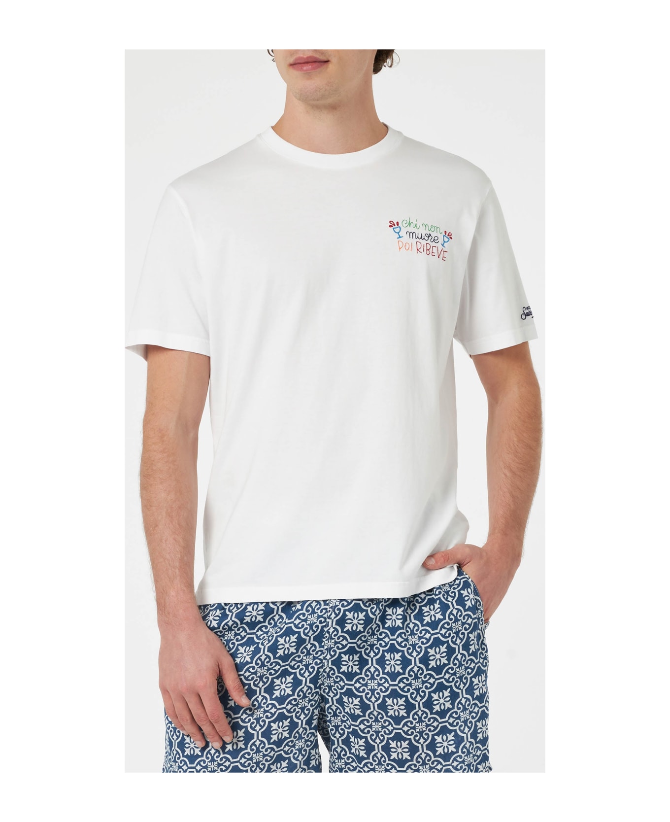 MC2 Saint Barth Man Classic Fit Cotton Jersey T-shirt Portofino With Chi Non Muore Poi Ribeve Embroidery | Insulti Luminosi Special Edition - WHITE
