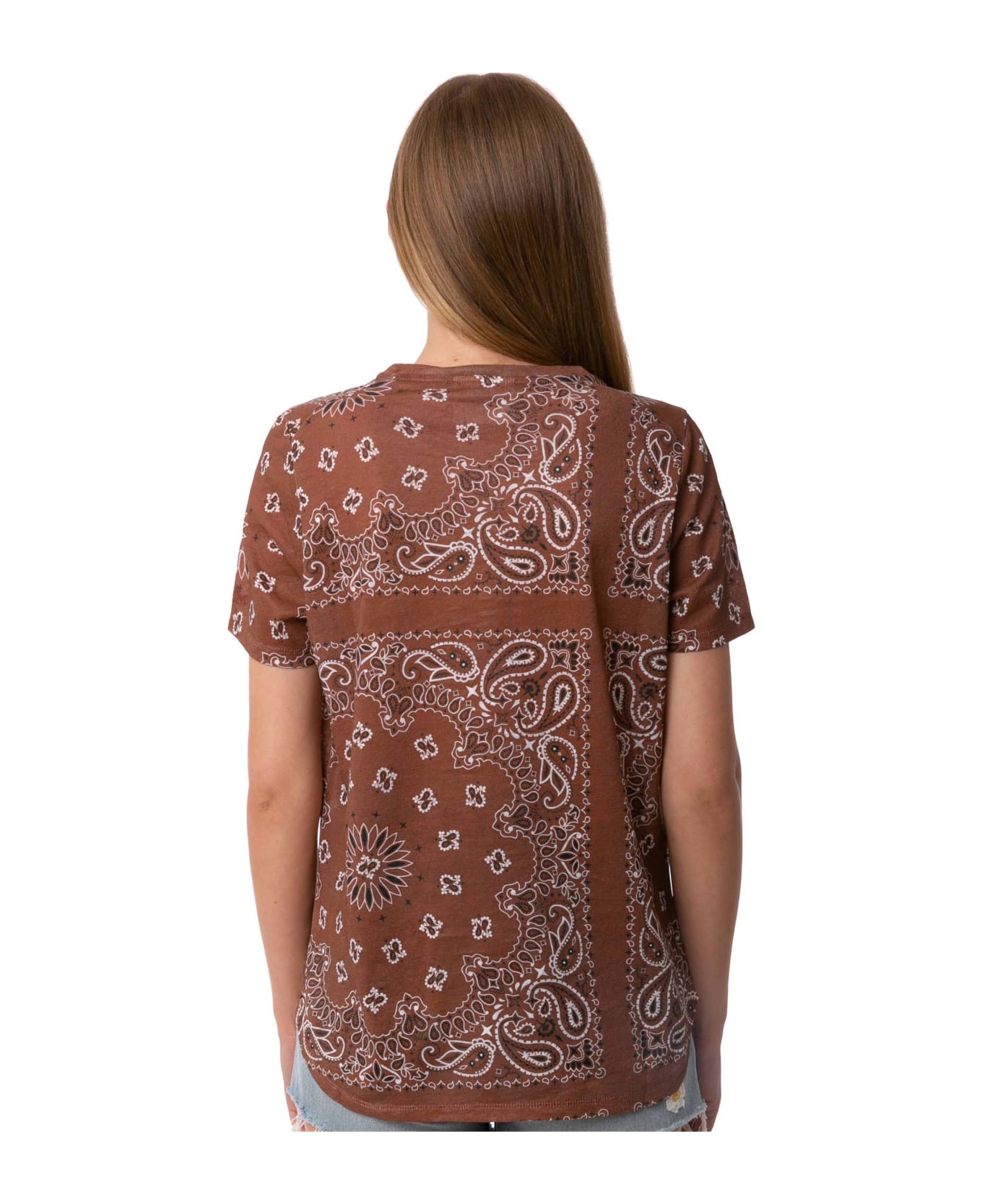 MC2 Saint Barth Woman Linen T-shirt With Bandanna Print - BROWN