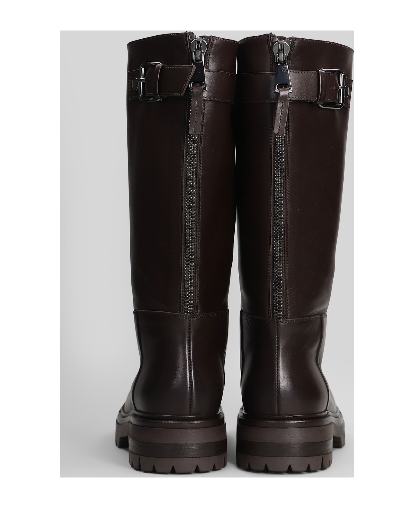 Elena Iachi Low Heels Boots In Dark Brown Leather - dark brown