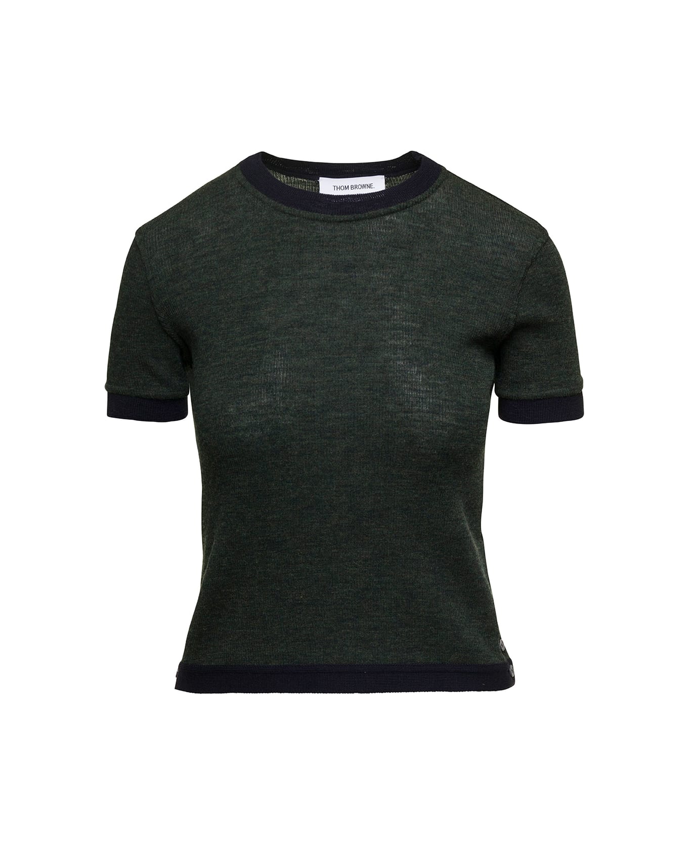 Thom Browne Short Sleeve Tee W/ Contrast Trims In Wool Rib - Green