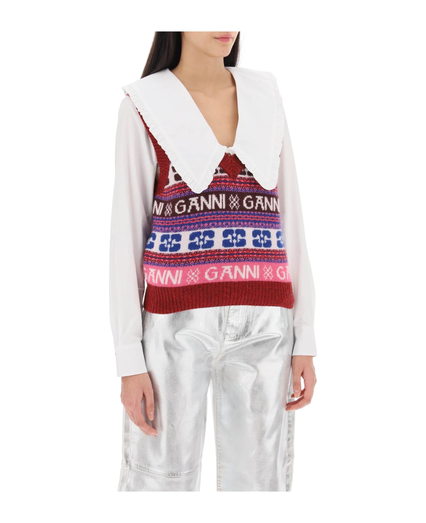 Ganni Jacquard Wool Vest With Logo Pattern - MULTICOLOUR ベスト