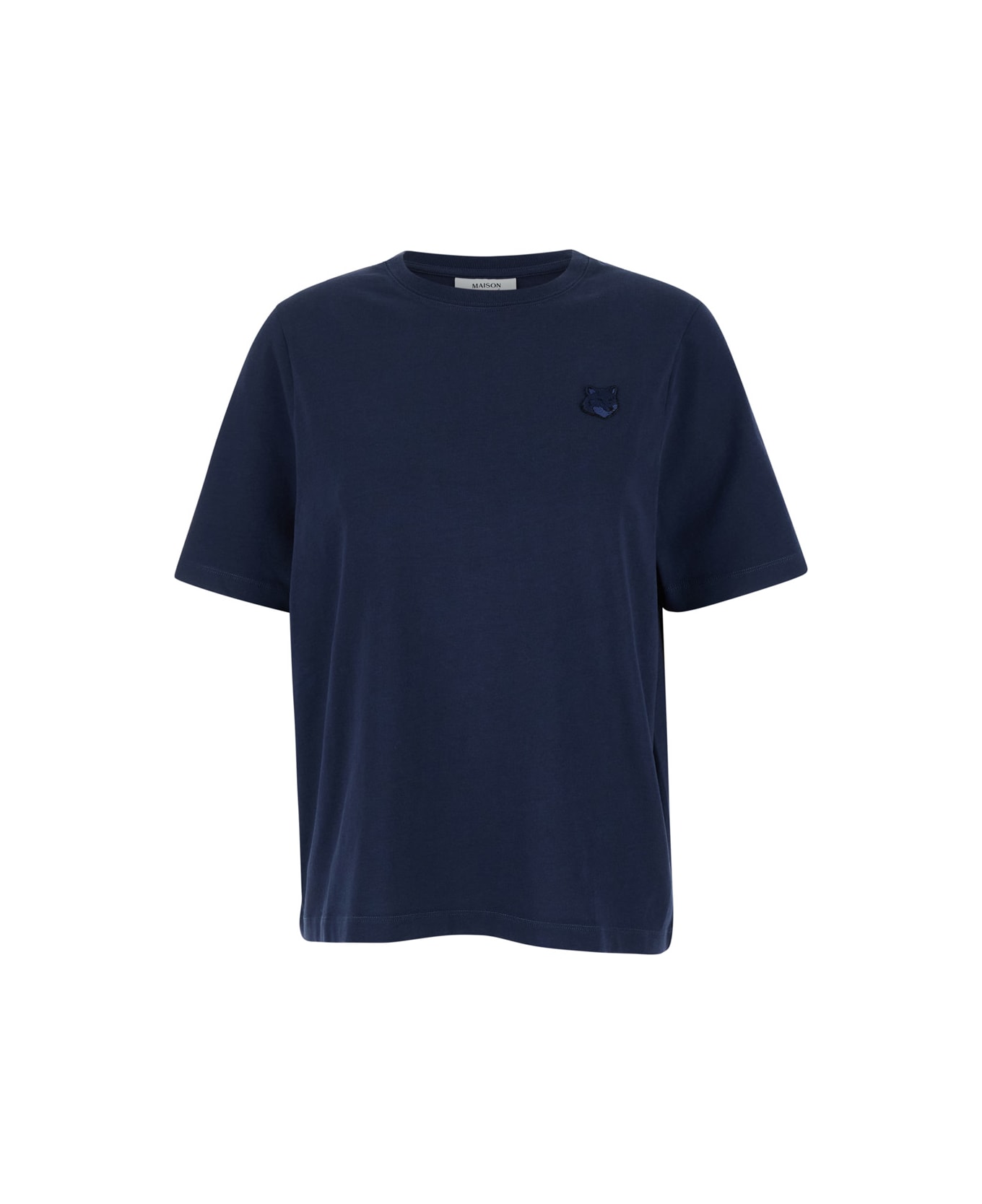 Maison Kitsuné Blue Crewneck T-shirt With Fox Head Logo Patch On The Front In Cotton Woman - Blu