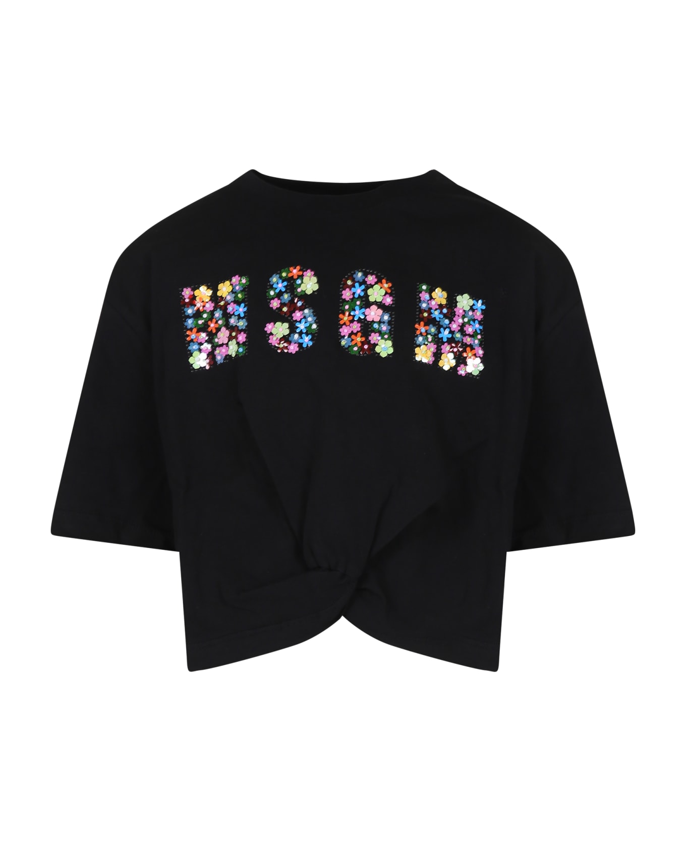 MSGM Black Crop T-shirt For Girl With Logo And Beads - Black Tシャツ＆ポロシャツ