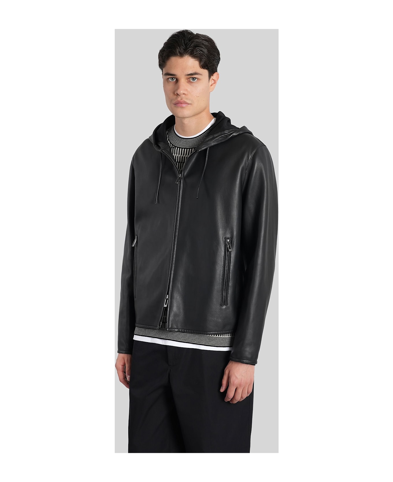 Emporio Armani Leather Jacket In Black Leather - black