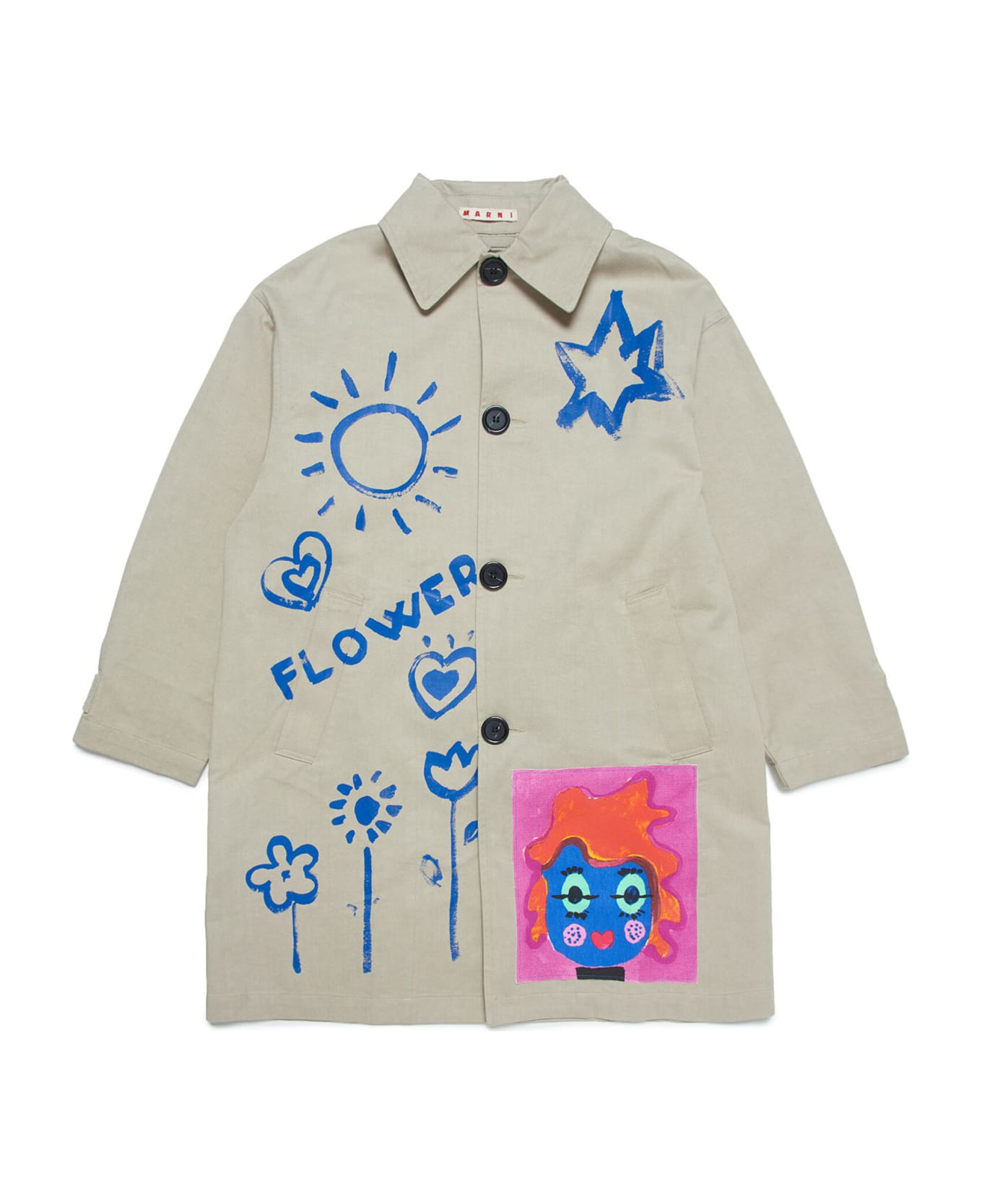 Marni Mj109f Jacket Marni Beige Gabardine Coat With Graffiti And Printed Faces - Light sand