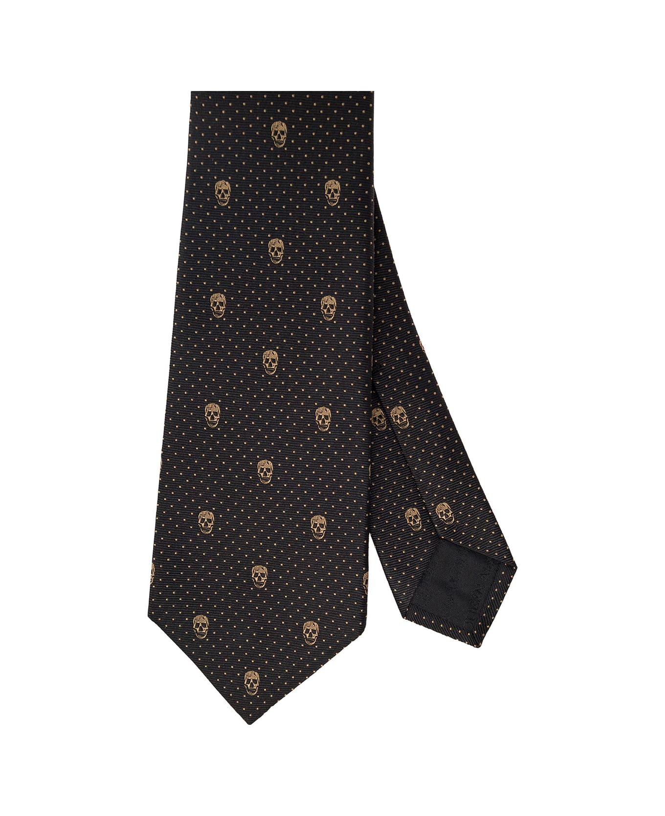 Alexander McQueen Black Pretied Tie With Polka Dots And Skull In Silk