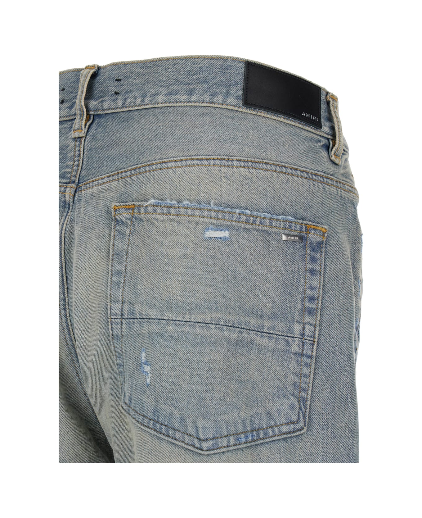 AMIRI Light Blue Destroyed Straight Jeans With Cut-out In Cotton Denim Man - Blu デニム