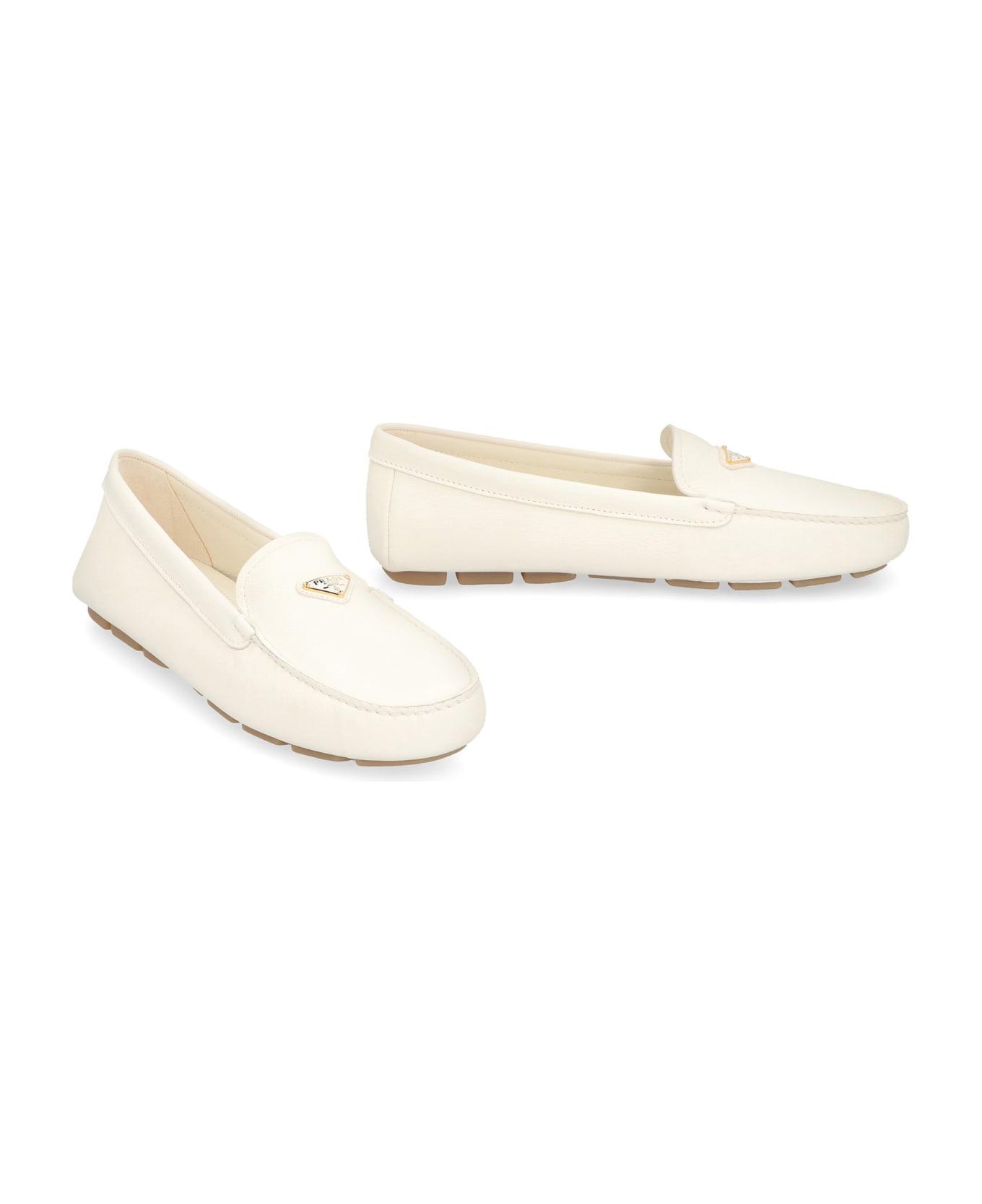 Prada Logo Detail Leather Loafers - Ivory