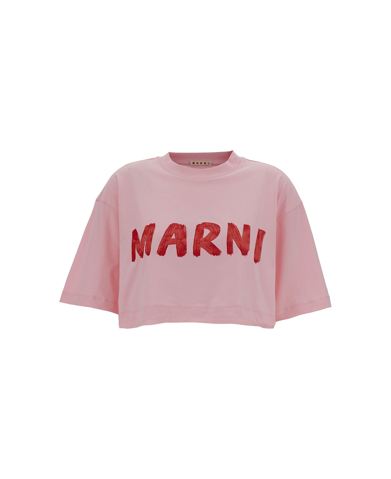Marni Pink Cropped T-shirt With Logo Print In Cotton Woman - Pink