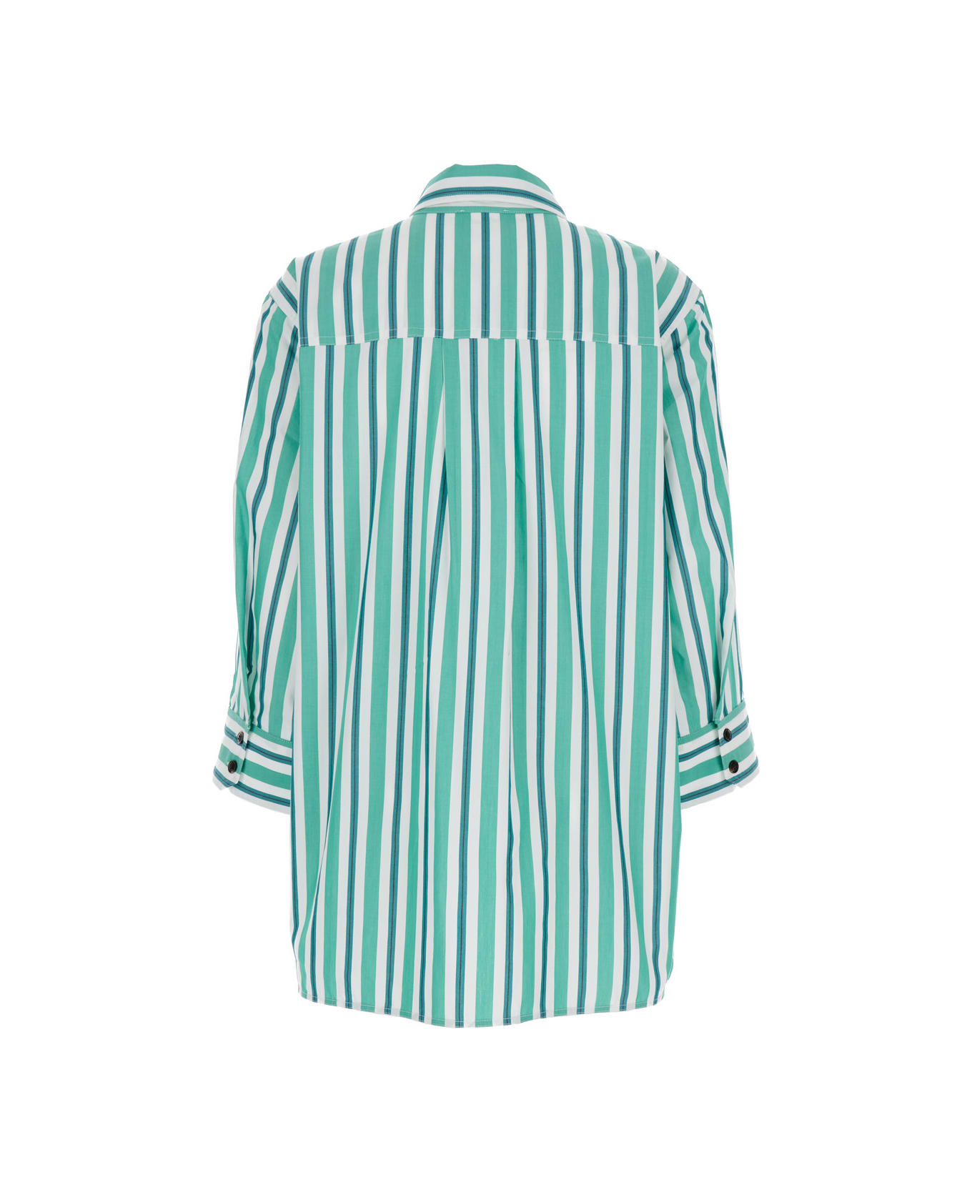 Ganni Green Striped Shirt In Organic Cotton Woman - Green
