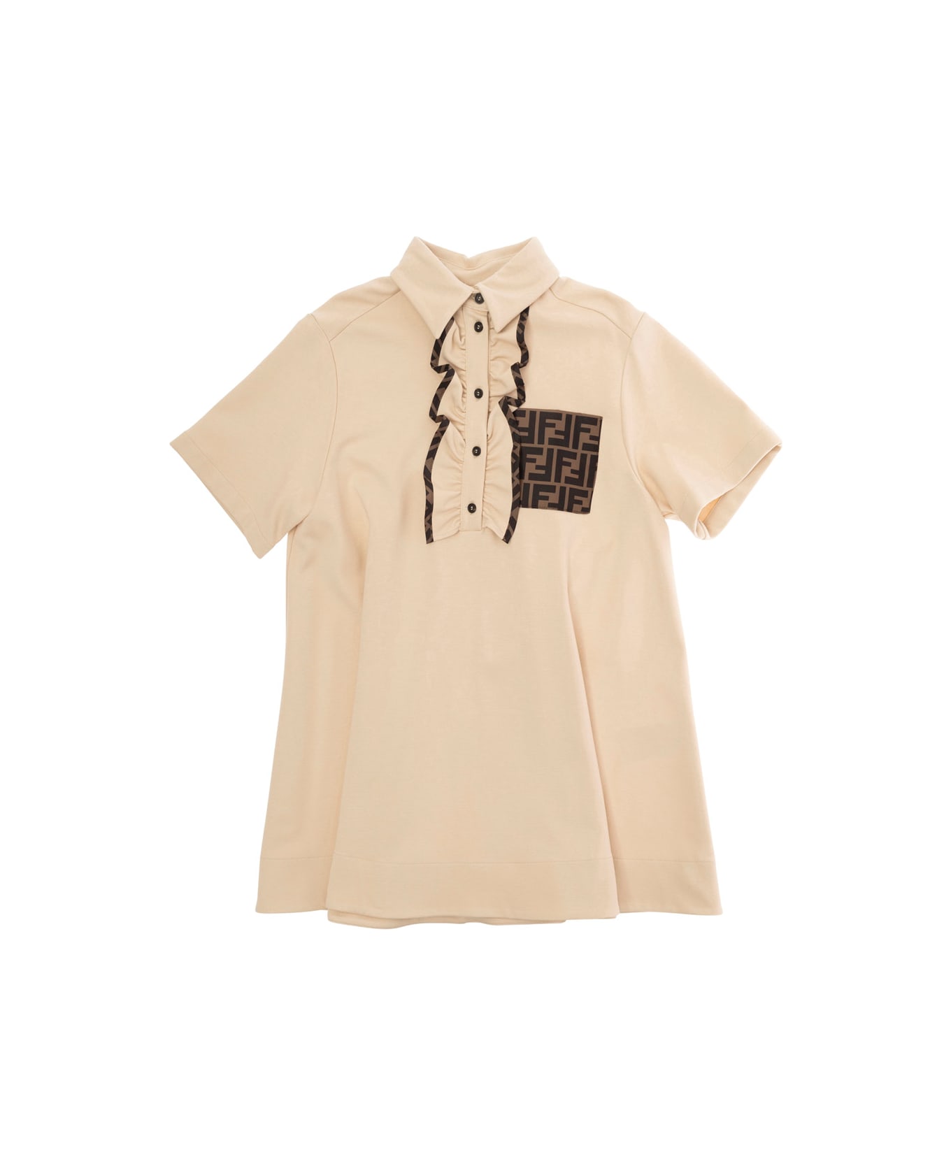 Fendi 'lien' Beige Dress With Classic Collar And Patch Pocket With Ff Logo In Tech Fabric Girl - Beige