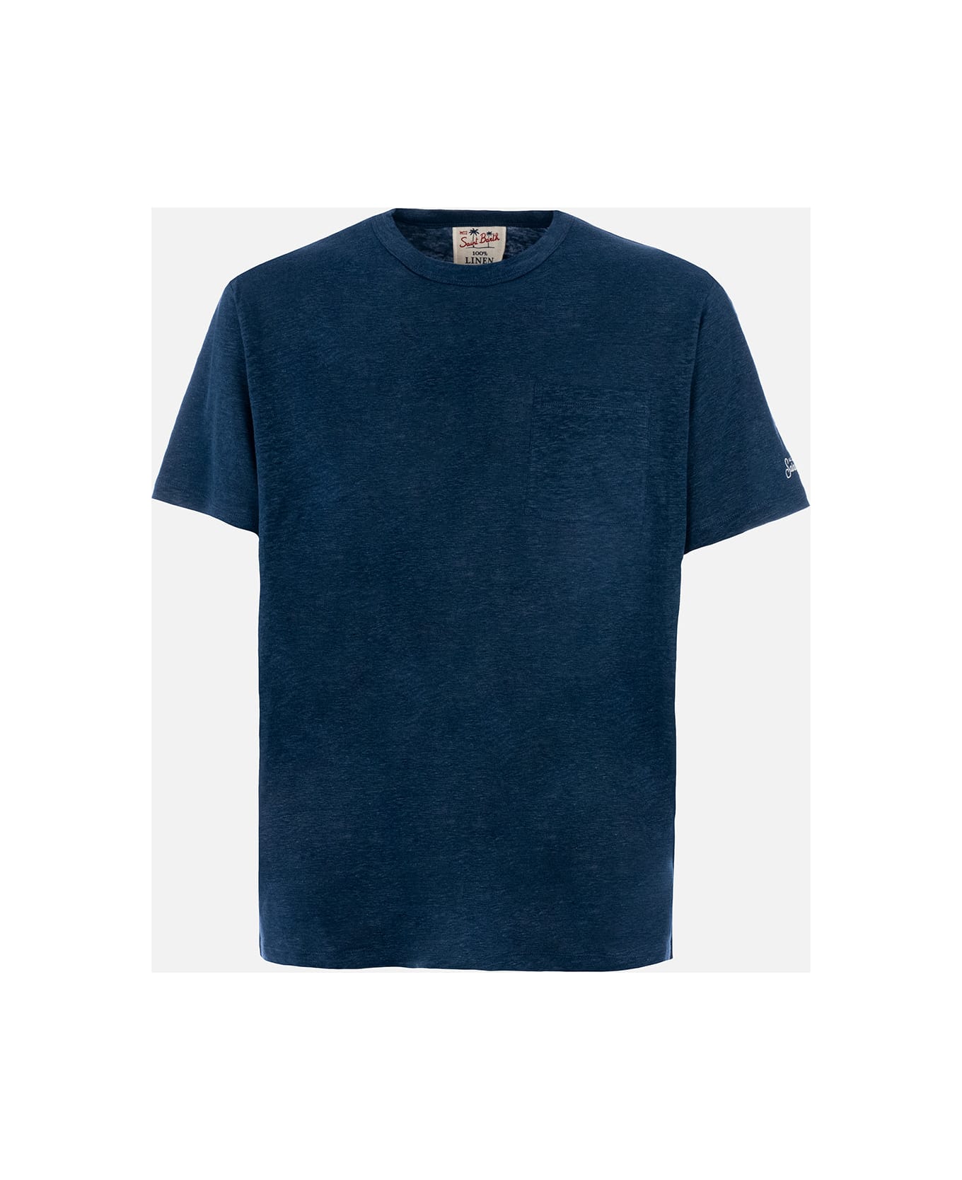 MC2 Saint Barth Man Navy Blue Linen Jersey T-shirt Ecstasea With Pocket - BLUE