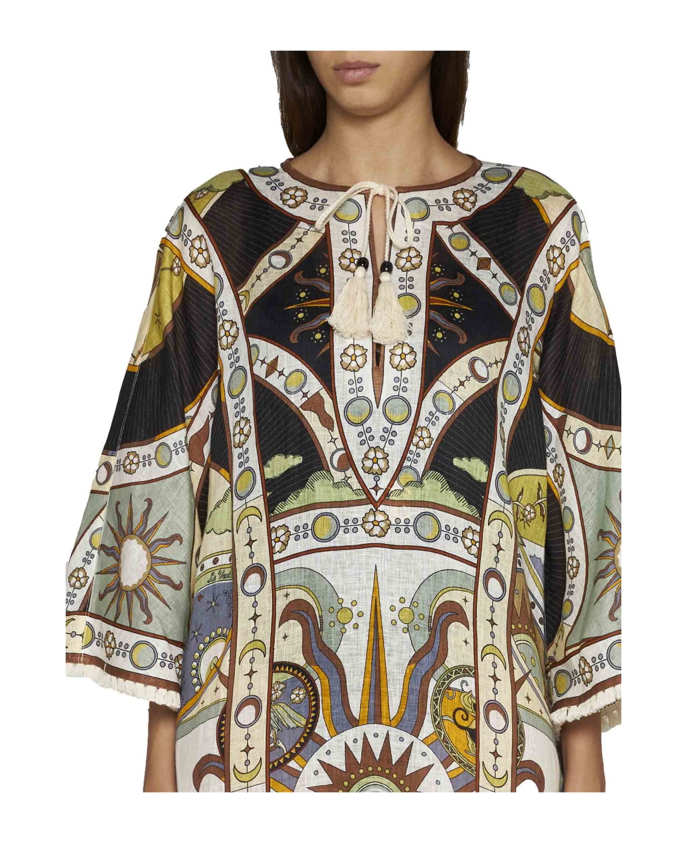 Tory Burch Kaftan With All-over Graphic Print In Linen - Navy sundial